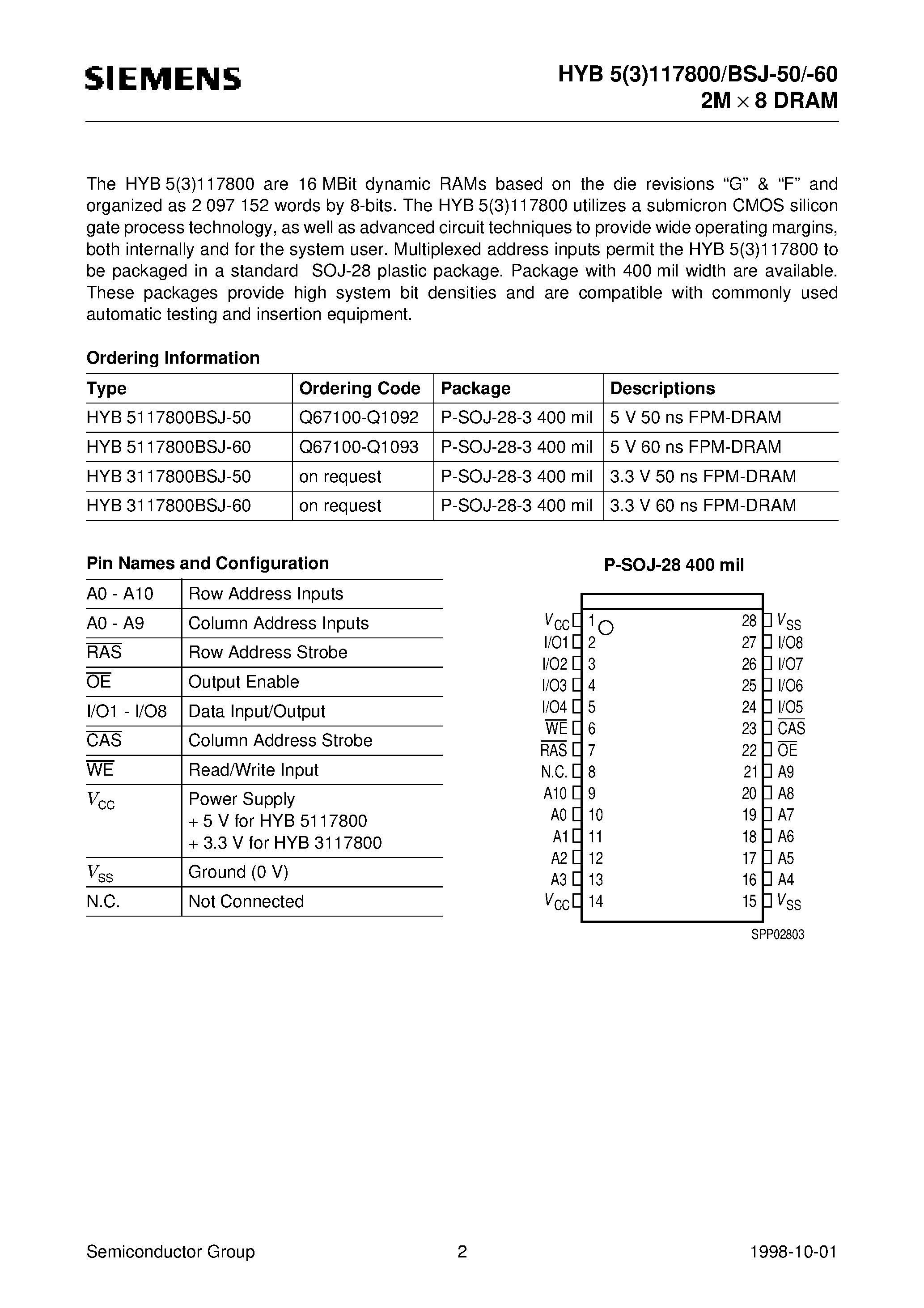 Даташит на микросхему HYB5117800BSJ-60 страница 2 Даташит HYB5117800BSJ-60 - 2M x 8-Bit Dynamic RAM страница 2