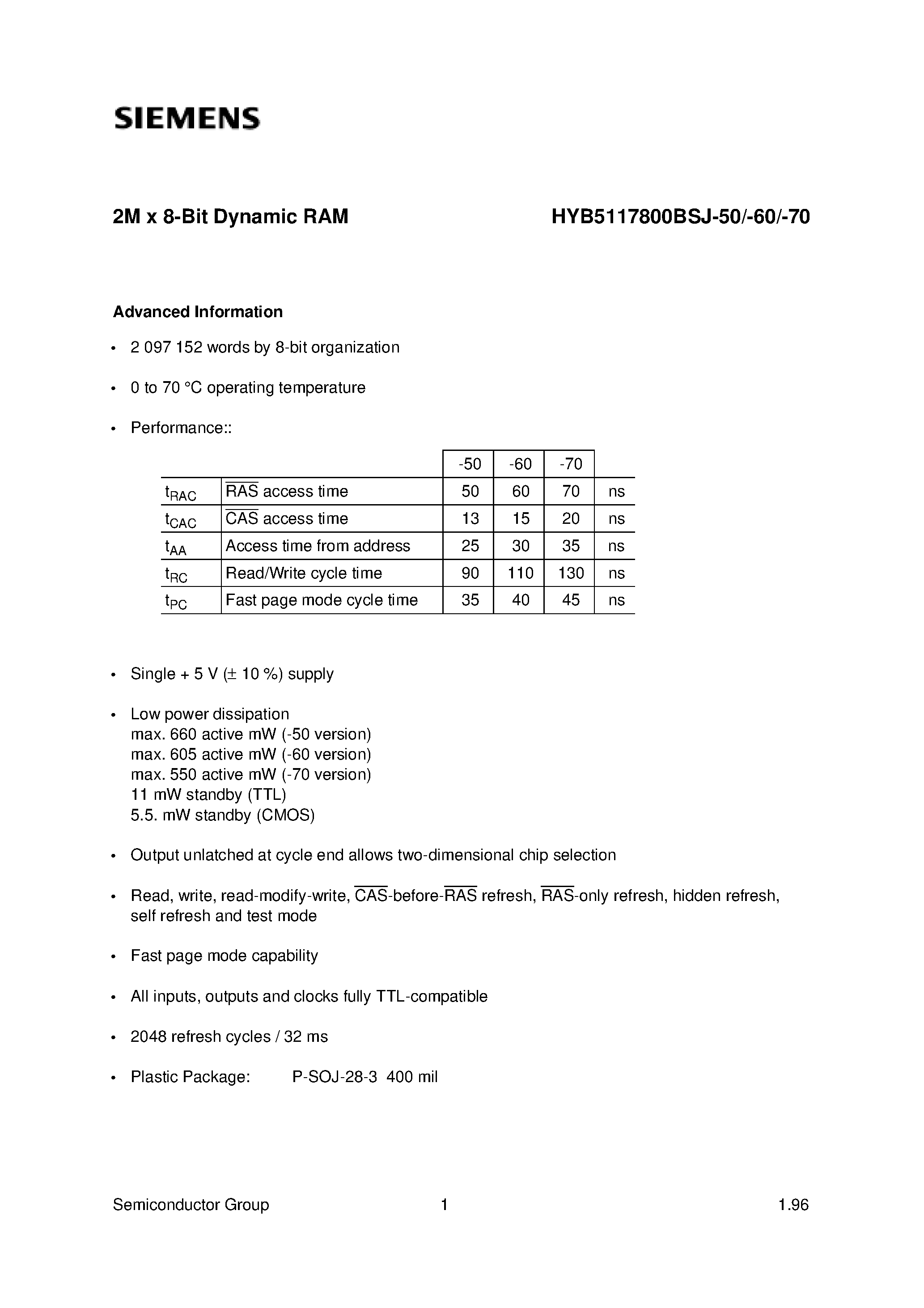 Даташит на микросхему HYB5117800BSJ-70 страница 1 Даташит HYB5117800BSJ-70 - 2M x 8-Bit Dynamic RAM страница 1