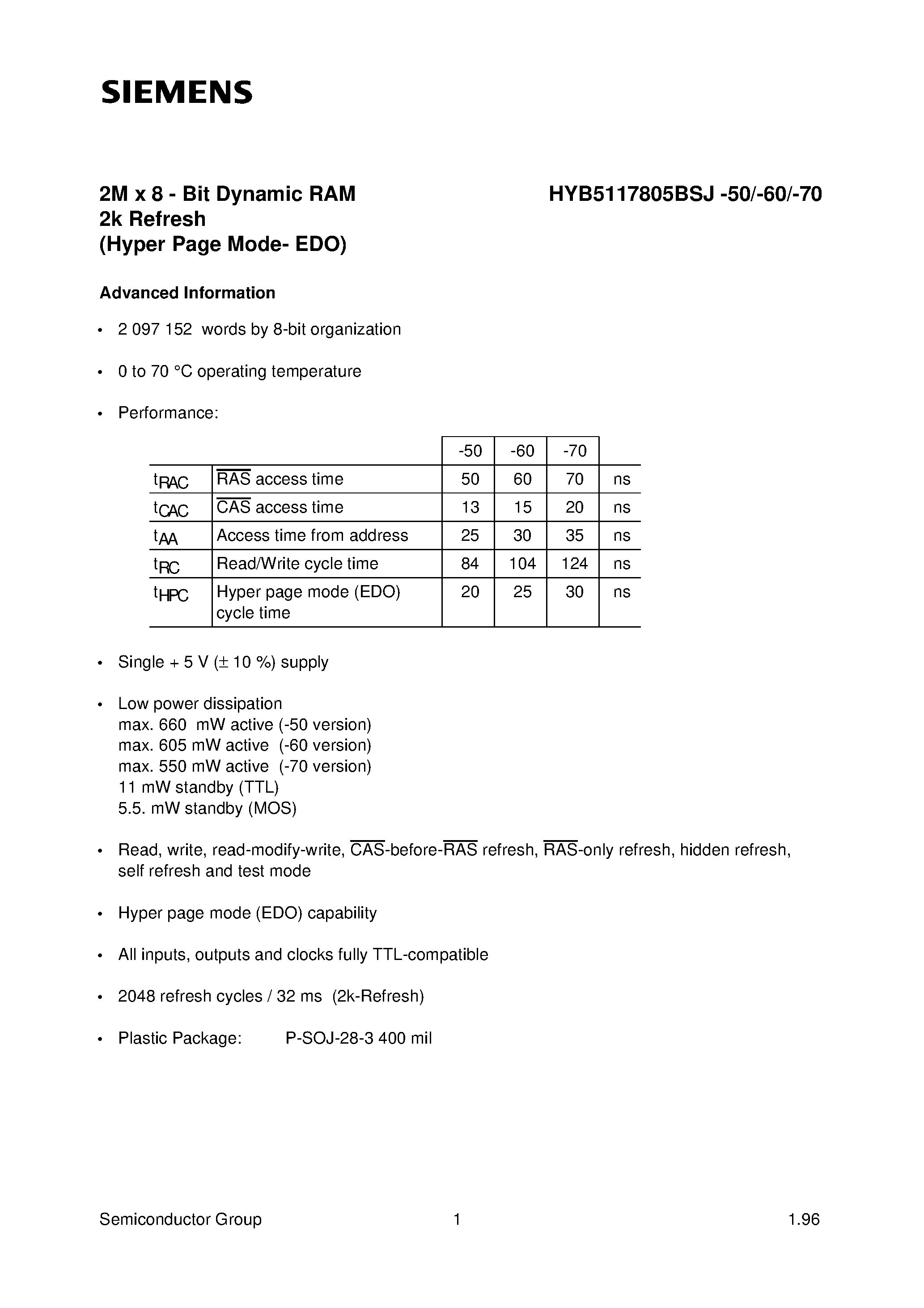 Даташит на микросхему HYB5117805BJ-50 страница 1 Даташит HYB5117805BJ-50 - 2M x 8 - Bit Dynamic RAM 2k Refresh страница 1