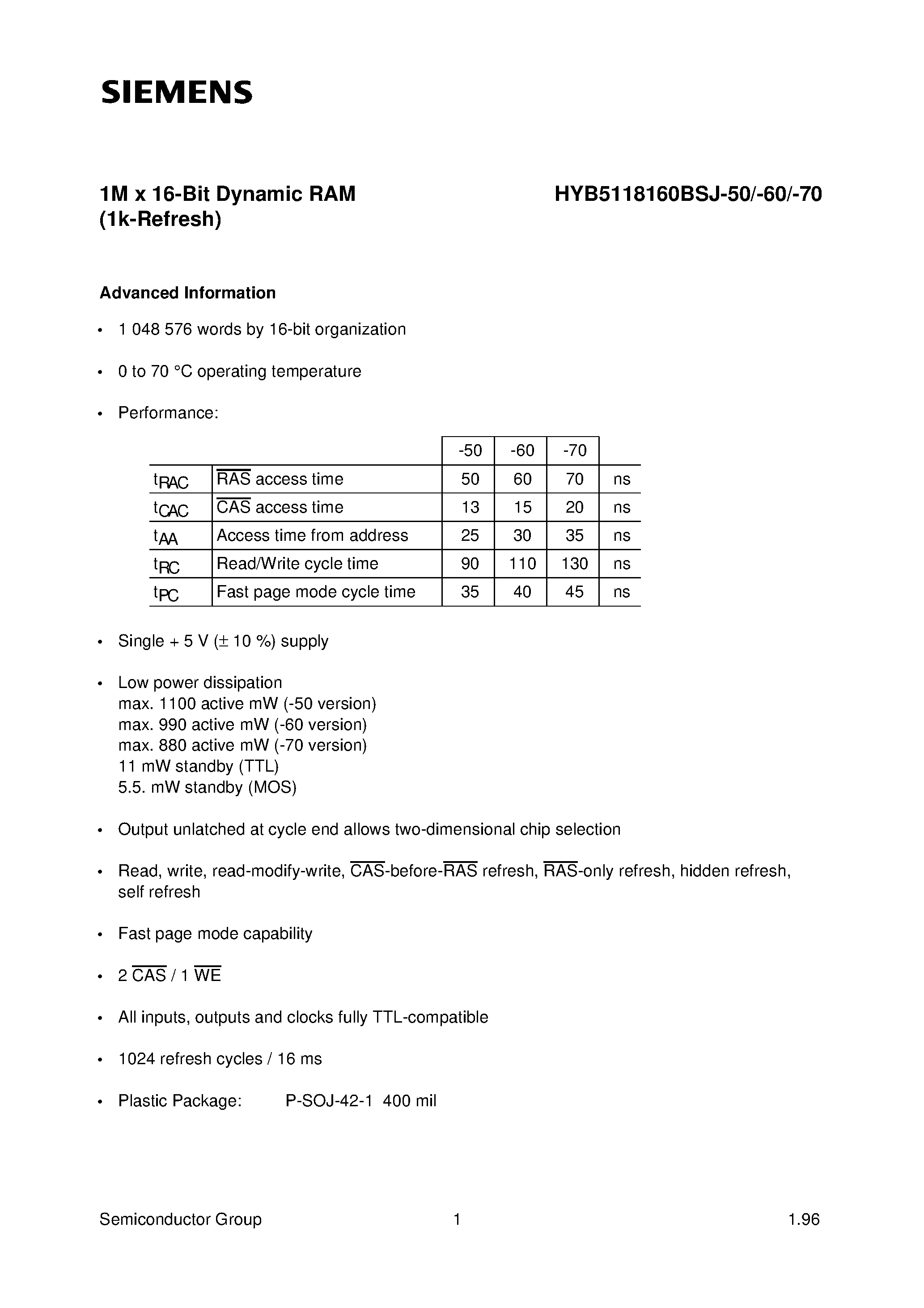 Даташит на микросхему HYB5118160BSJ-50 страница 1 Даташит HYB5118160BSJ-50 - 1M x 16-Bit Dynamic RAM страница 1
