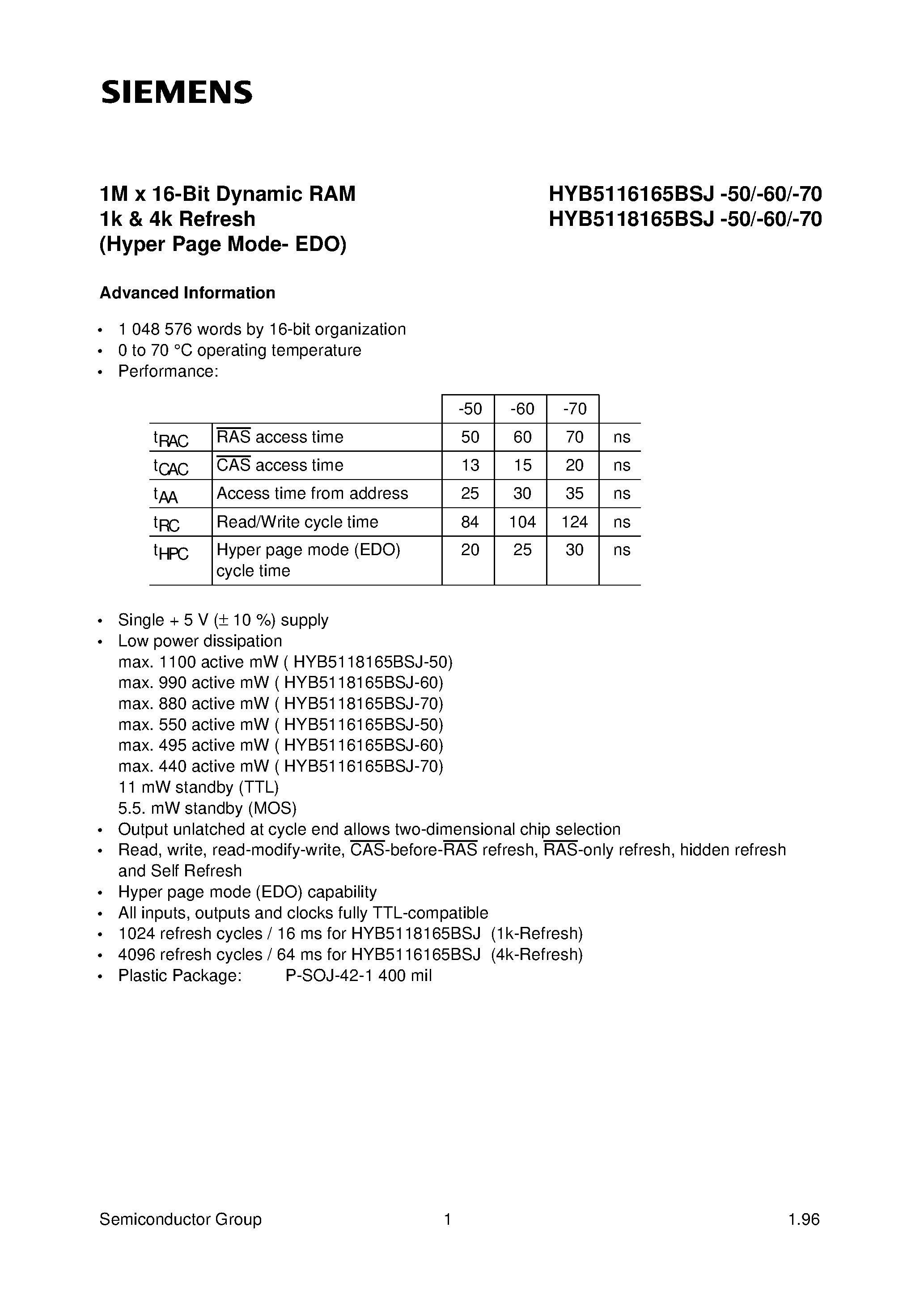 Даташит на микросхему HYB5118165BJ-60 страница 1 Даташит HYB5118165BJ-60 - 1M x 16-Bit Dynamic RAM 1k & 4k Refresh страница 1