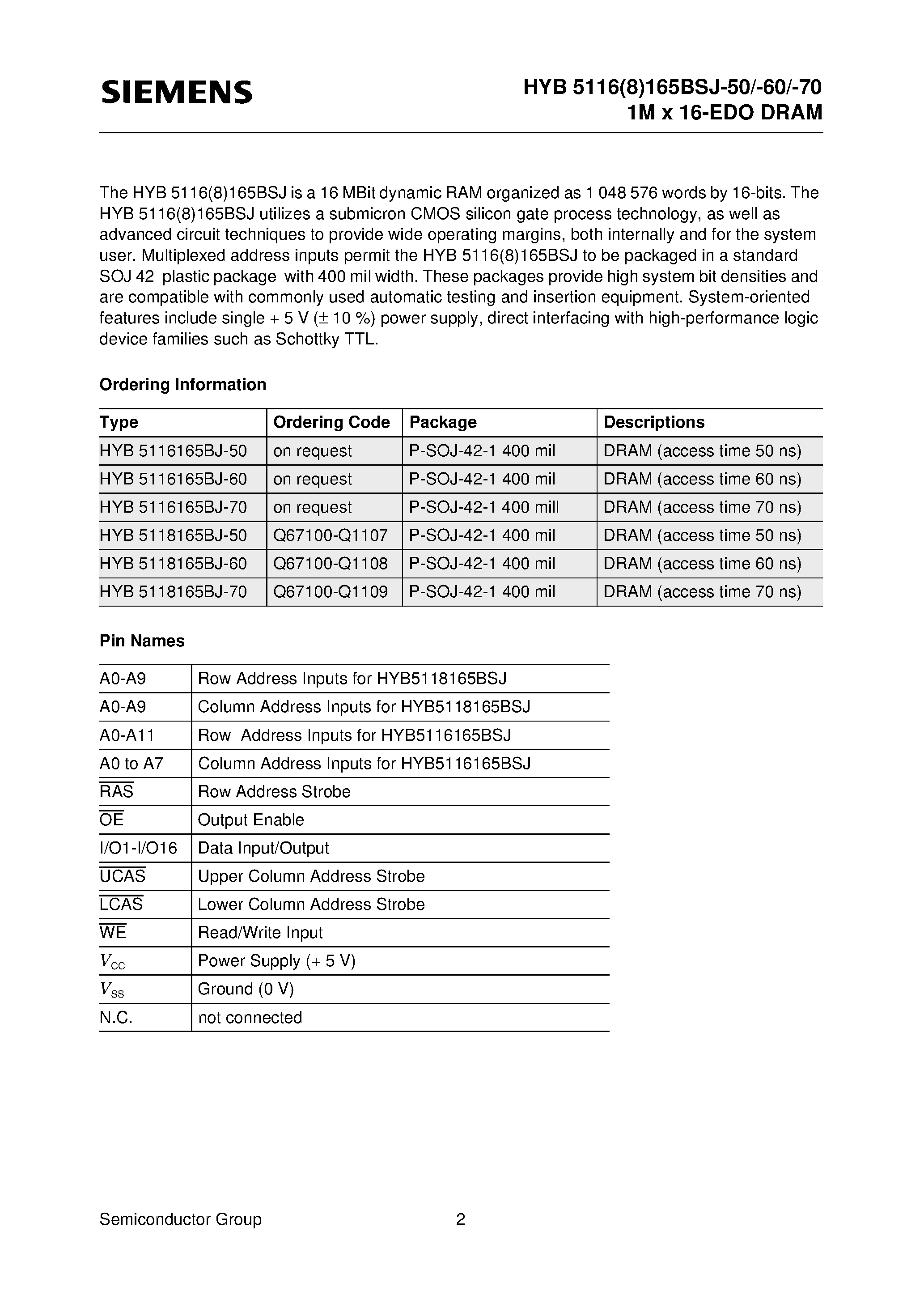 Даташит на микросхему HYB5118165BJ-60 страница 2 Даташит HYB5118165BJ-60 - 1M x 16-Bit Dynamic RAM 1k & 4k Refresh страница 2