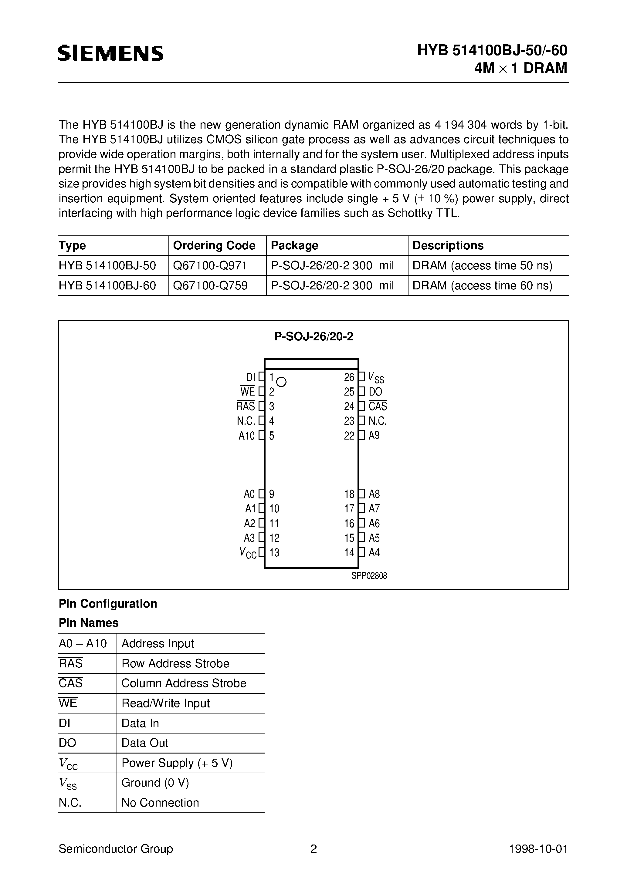 Даташит на микросхему HYB514100BJ-50 страница 2 Даташит HYB514100BJ-50 - 4M x 1-Bit Dynamic RAM страница 2
