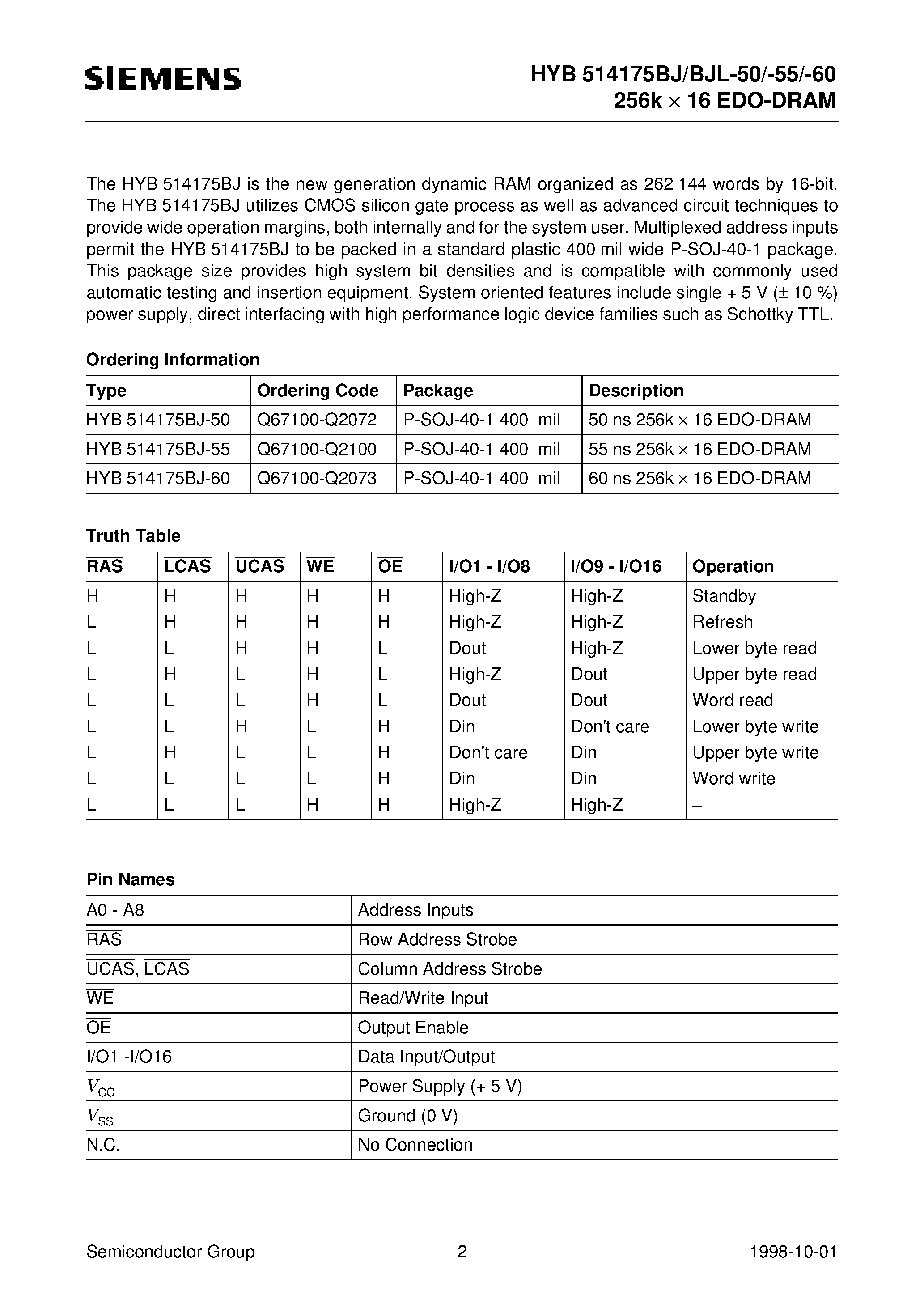 Даташит на микросхему HYB514175BJ-50 страница 2 Даташит HYB514175BJ-50 - 256k x 16-Bit EDO-DRAM страница 2