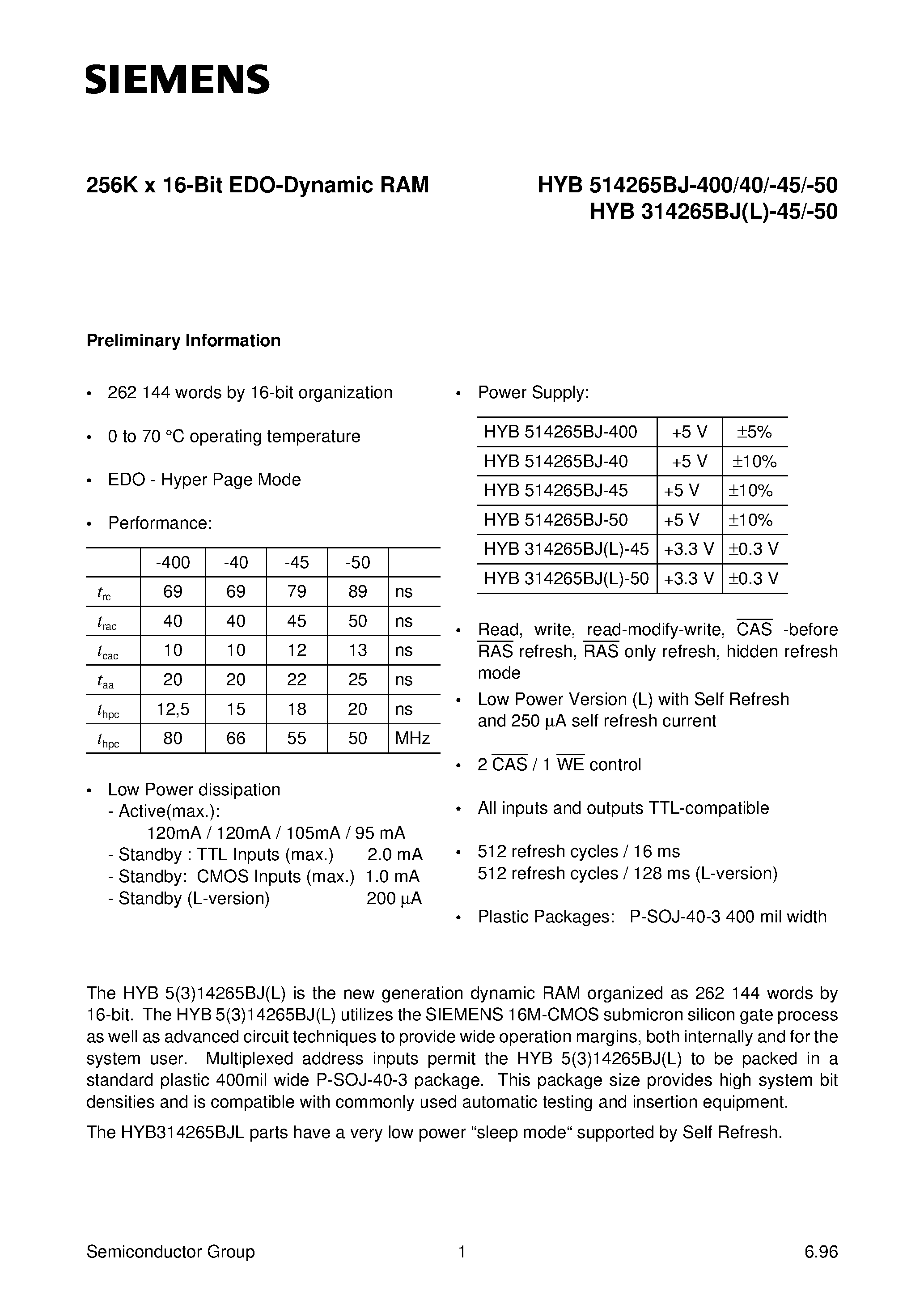 Даташит на микросхему HYB514265BJ-50 страница 1 Даташит HYB514265BJ-50 - 256K x 16-Bit EDO-Dynamic RAM страница 1