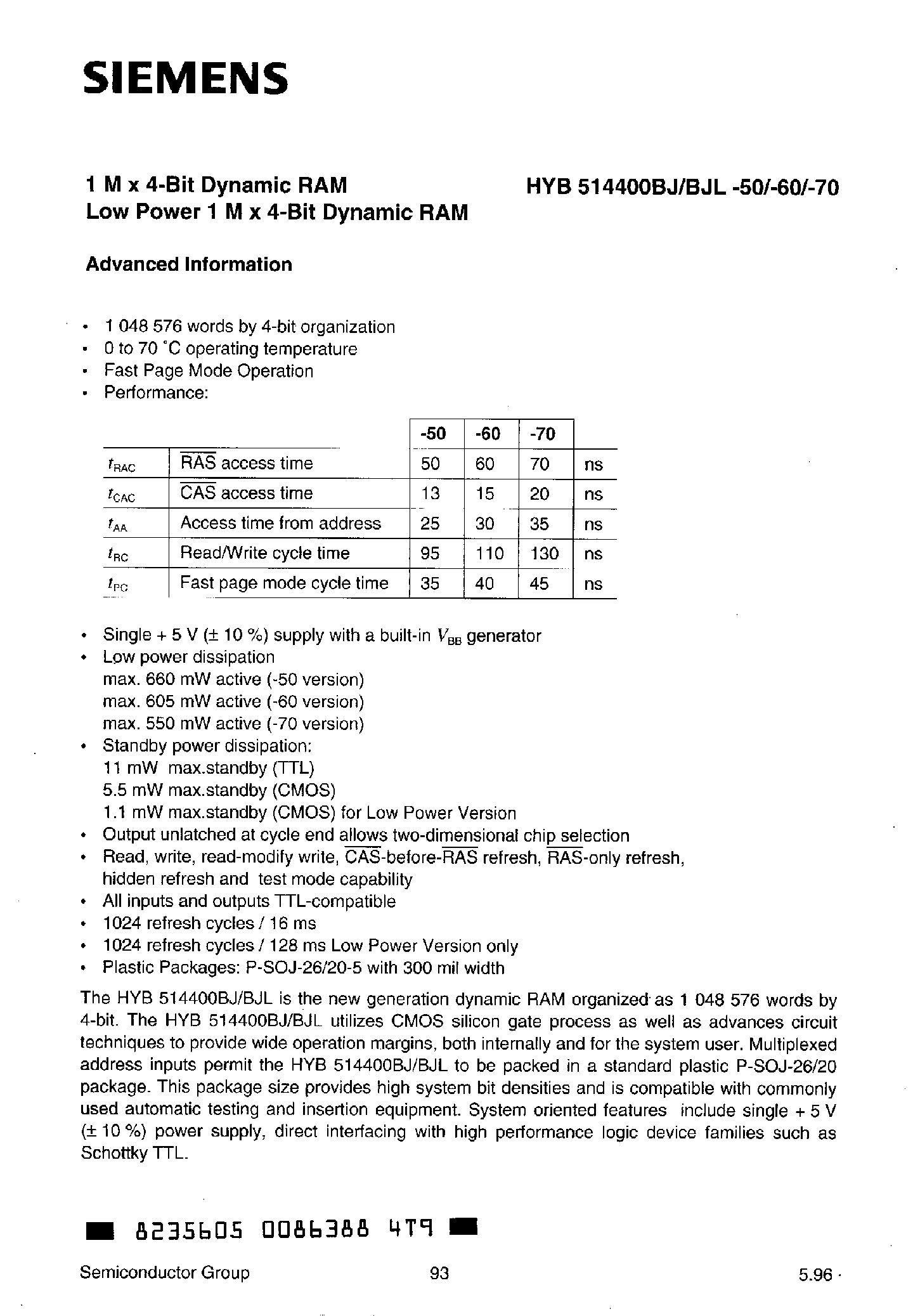 Datasheet HYB514400BJ - 1M x 4-BIT DYNAMIC RAM LOW POWER 1M x 4-BIT DYNAMIC RAM page 1