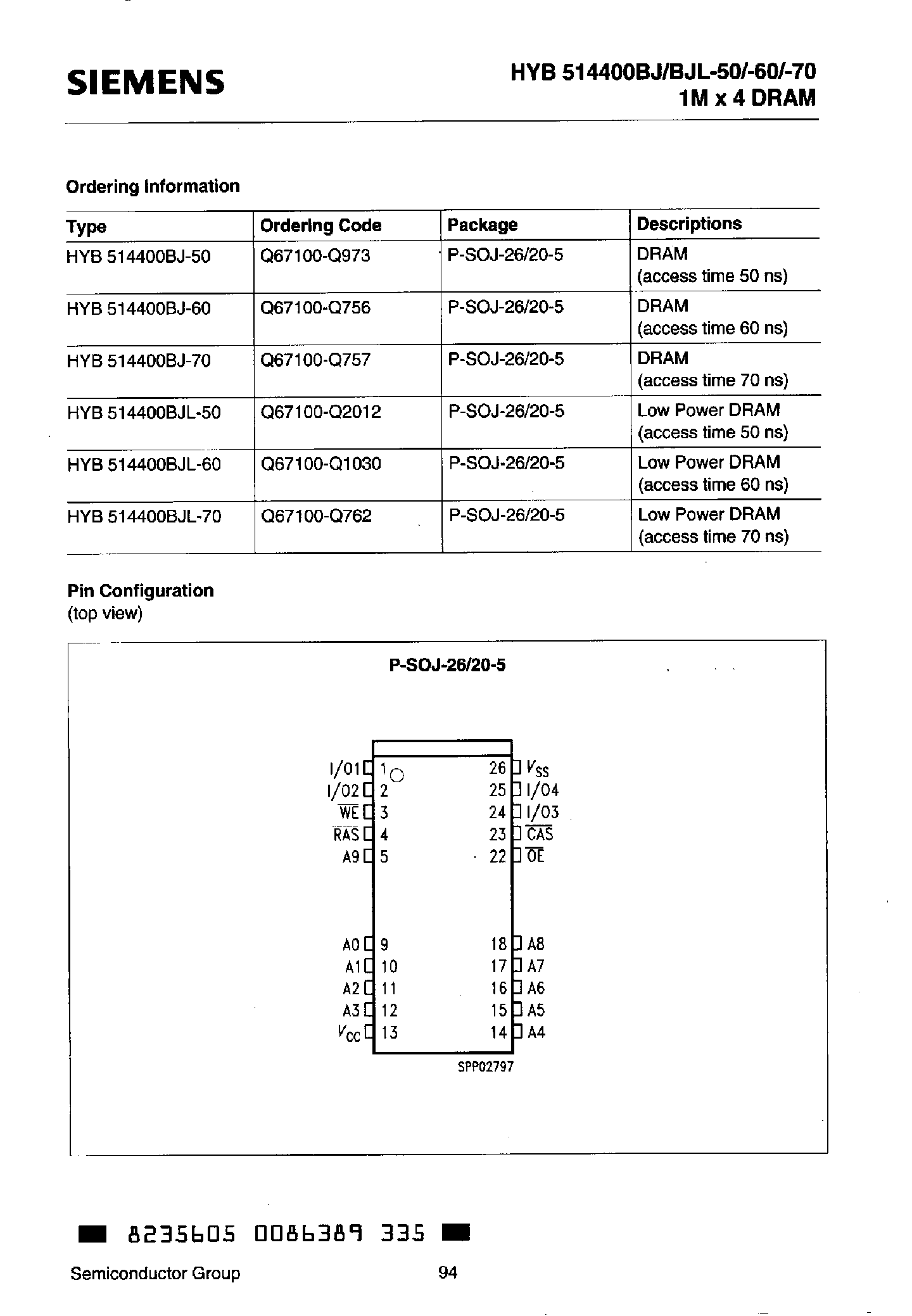 Datasheet HYB514400BJ - 1M x 4-BIT DYNAMIC RAM LOW POWER 1M x 4-BIT DYNAMIC RAM page 2