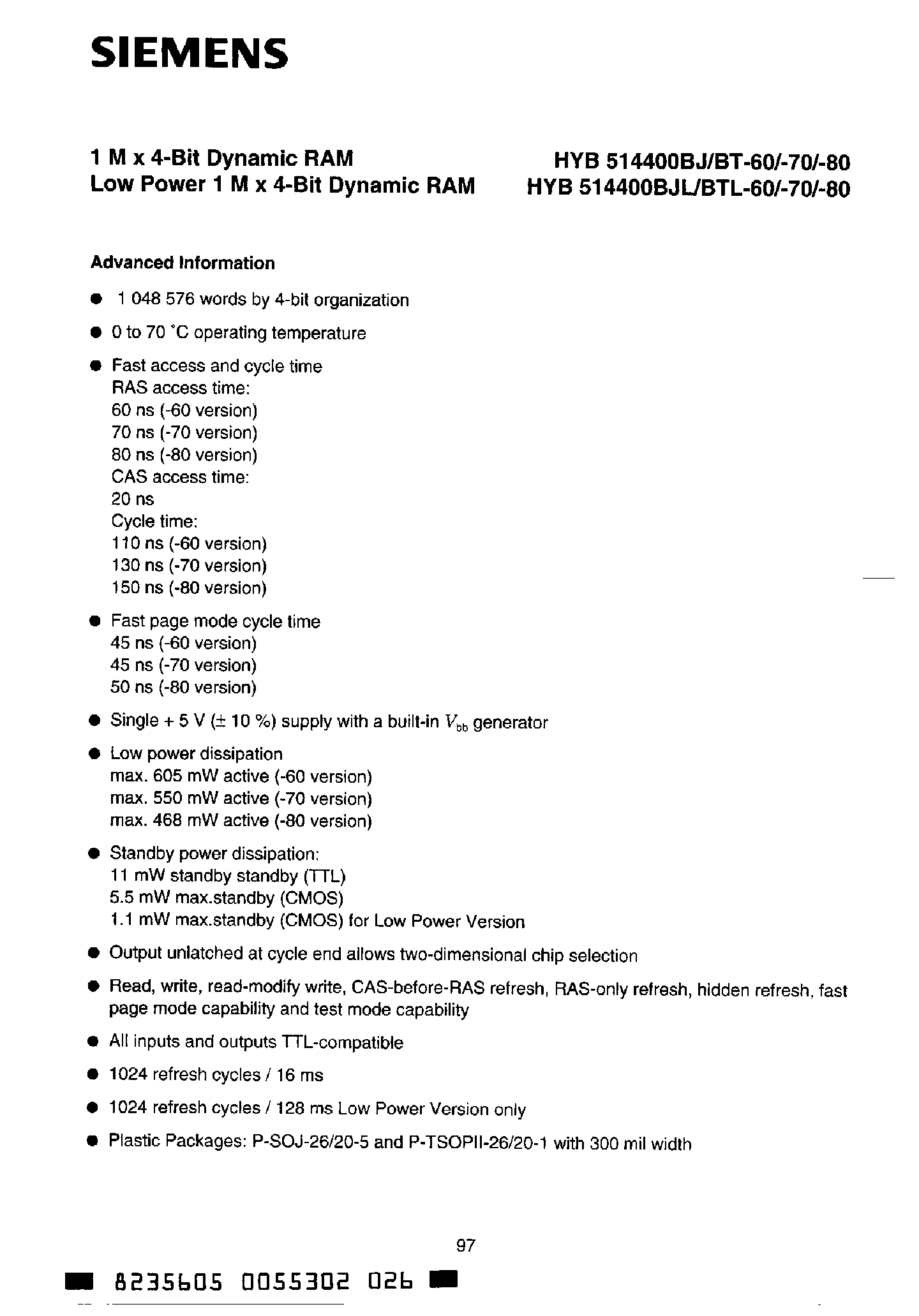 Datasheet HYB514400BJL-80 - 1M x 4-Bit Dynamic RAM Low Power 1M x 4-Bit Dynamic RAM page 1