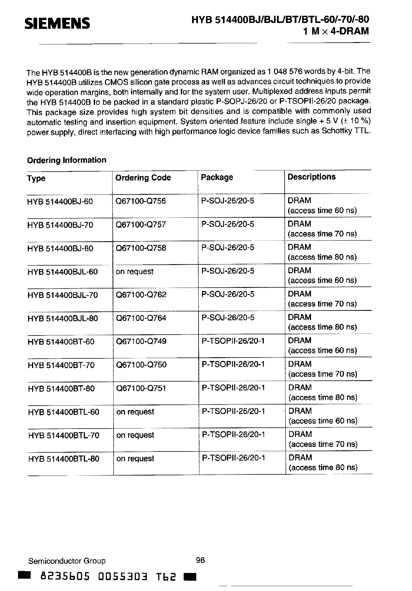 Datasheet HYB514400BTL-70 - 1M x 4-Bit Dynamic RAM Low Power 1M x 4-Bit Dynamic RAM page 2