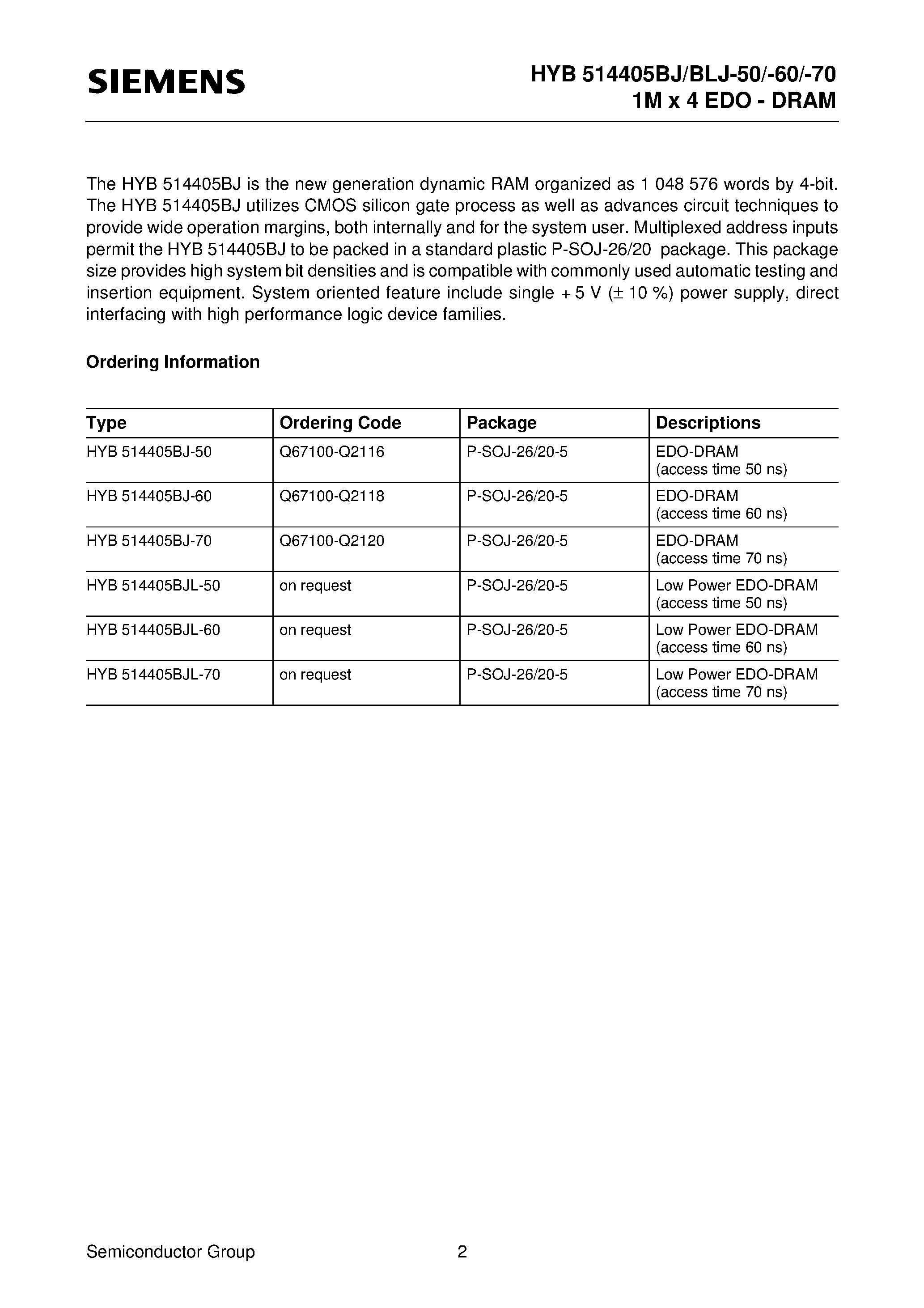 Даташит HYB514405BJL-60 - 1M x 4-Bit Dynamic RAM страница 2