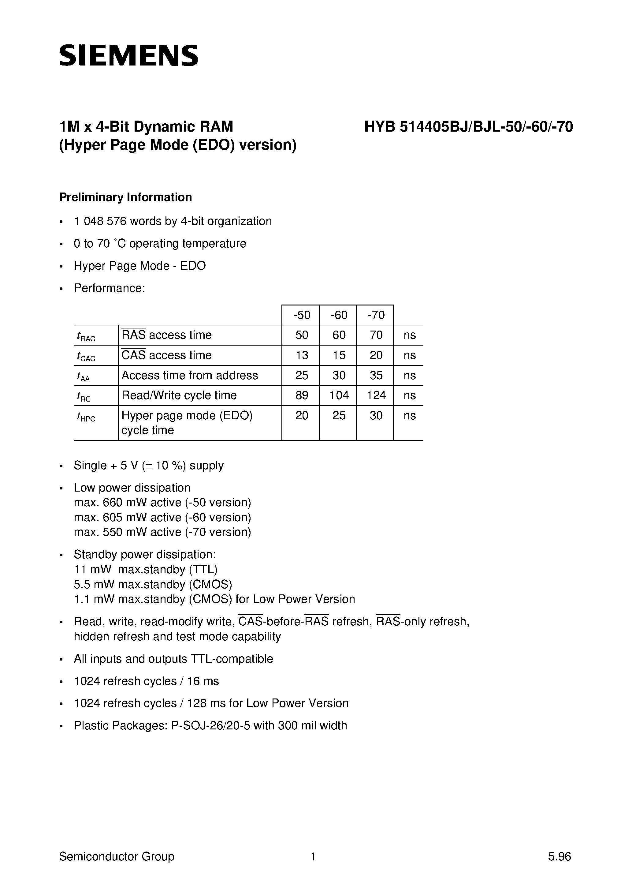 Даташит HYB514405BJL-70 - 1M x 4-Bit Dynamic RAM страница 1