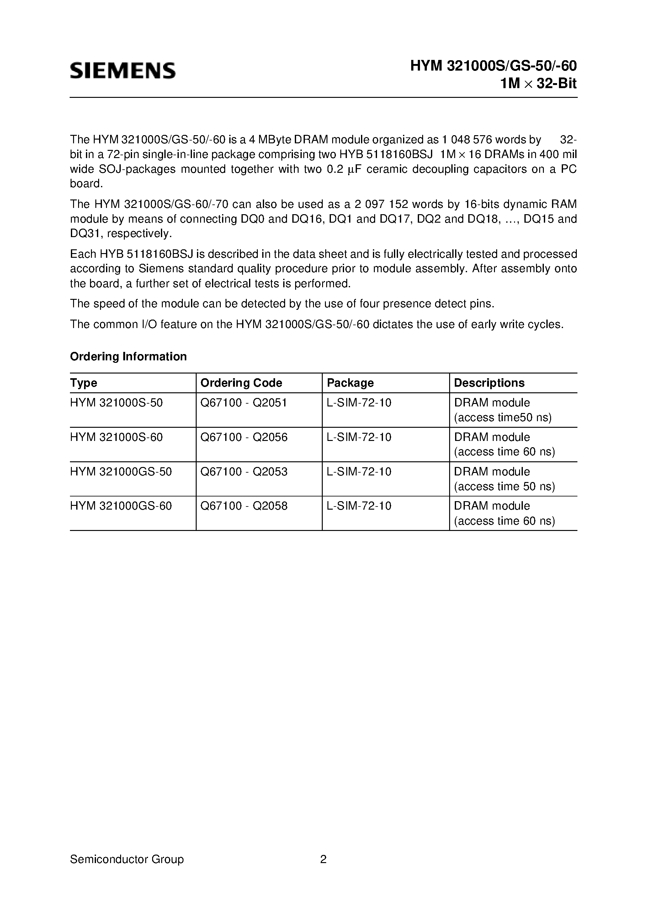Datasheet HYM321000GS-60 - 1M x 32-Bit Dynamic RAM Module 2M x 16-Bit Dynamic RAM Module page 2