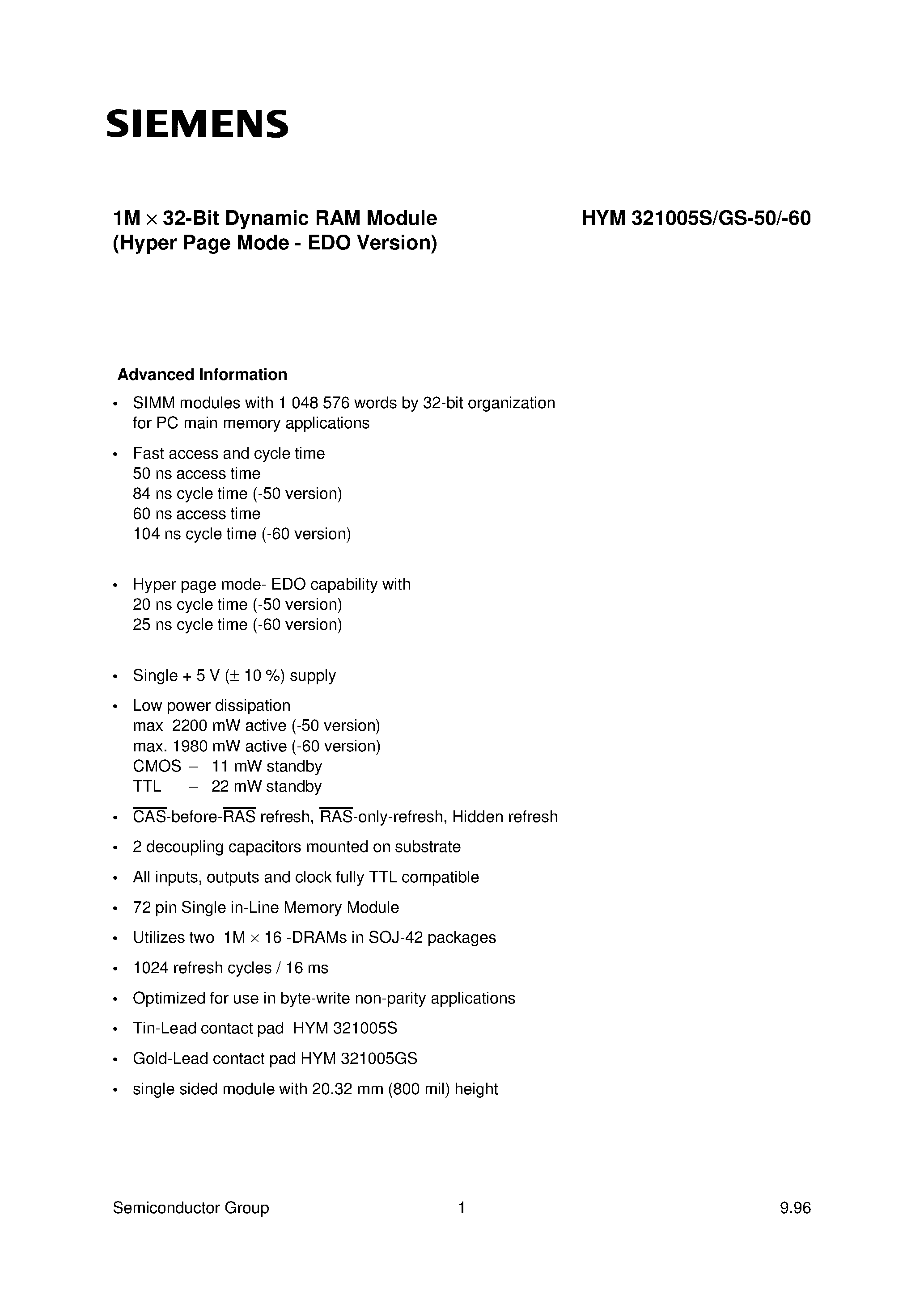 Даташит HYM321005GS-50 - 1M x 32-Bit Dynamic RAM Module страница 1