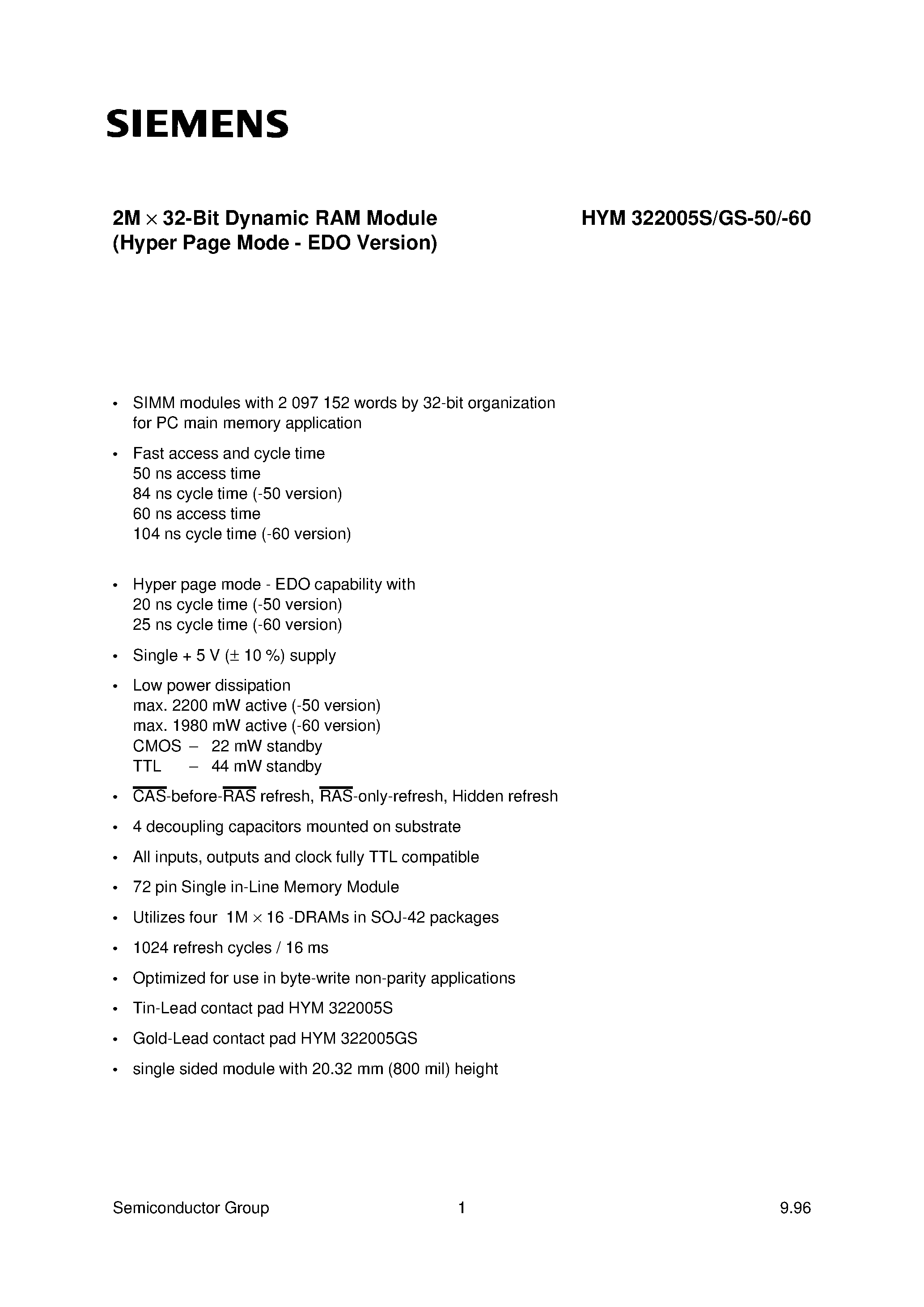 Даташит HYM322005S - 2M x 32-Bit Dynamic RAM Module страница 1