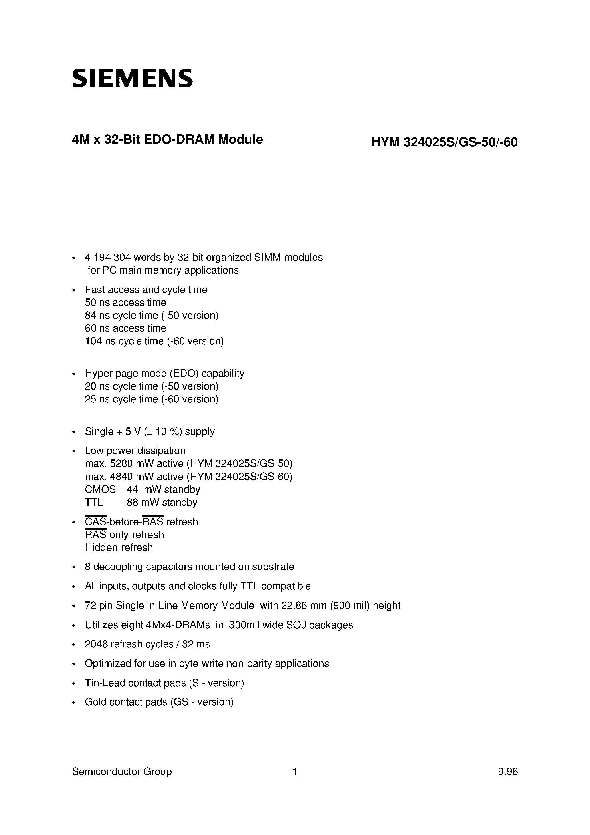Даташит HYM324025GS-50 - 4M x 32-Bit EDO-DRAM Module страница 1