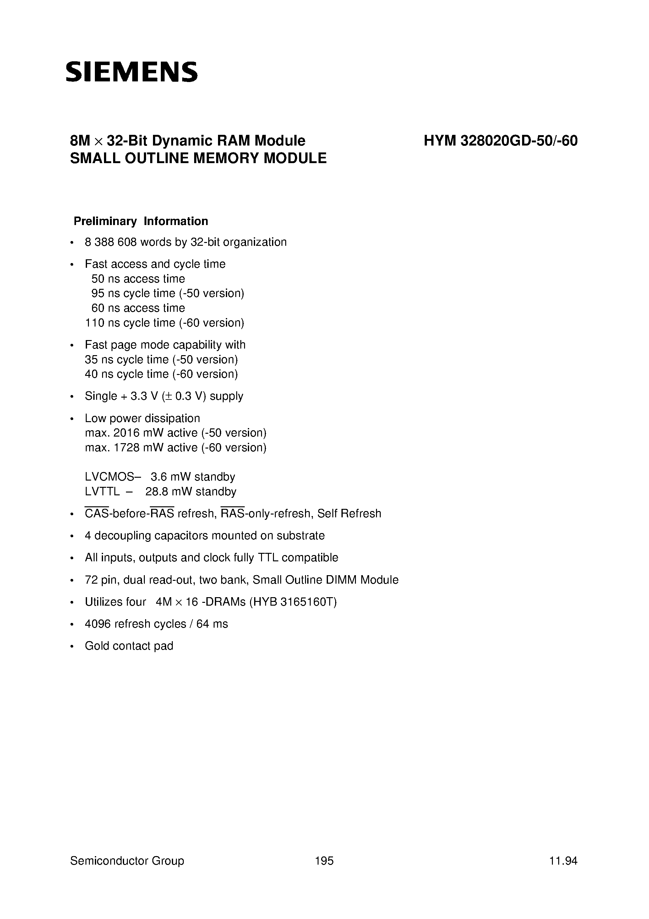 Даташит HYM328020GD- - 8M x 32-Bit Dynamic RAM Module SMALL OUTLINE MEMORY MODULE страница 1