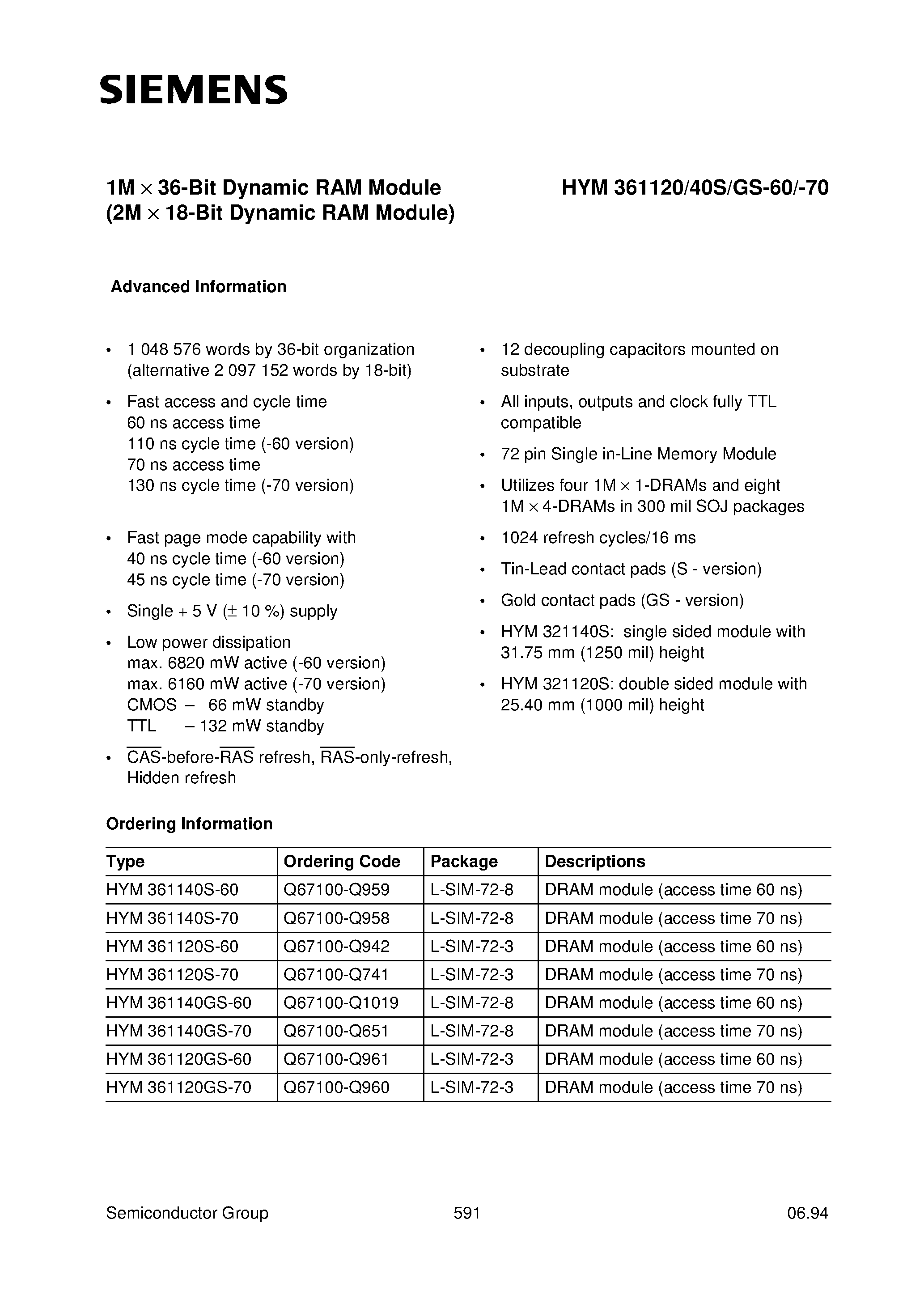 Datasheet HYM361140GS-60 - 1M x 36-Bit Dynamic RAM Module (2M x 18-Bit Dynamic RAM Module) page 1