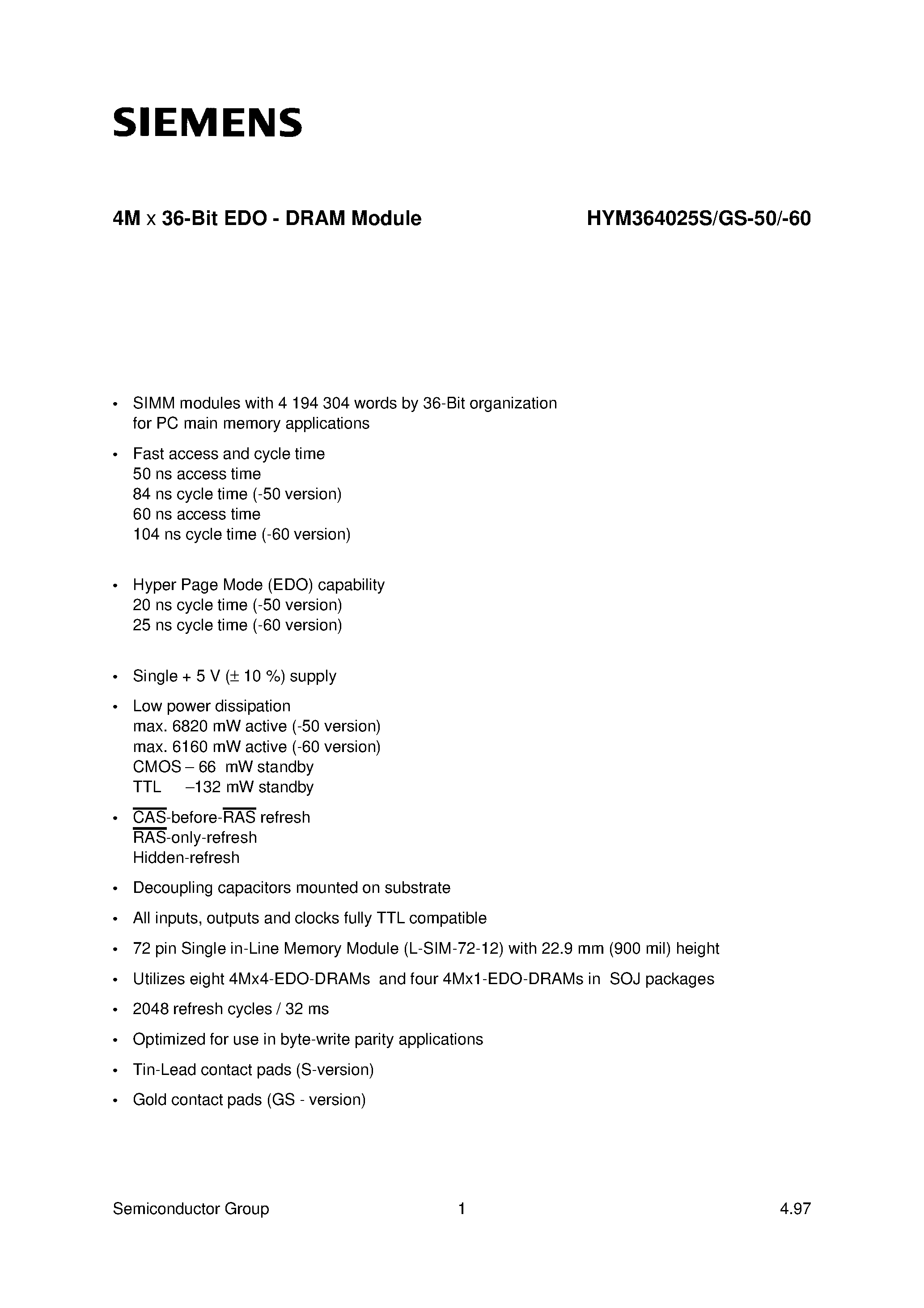 Даташит HYM364025GS-60 - 4M x 36-Bit EDO - DRAM Module страница 1