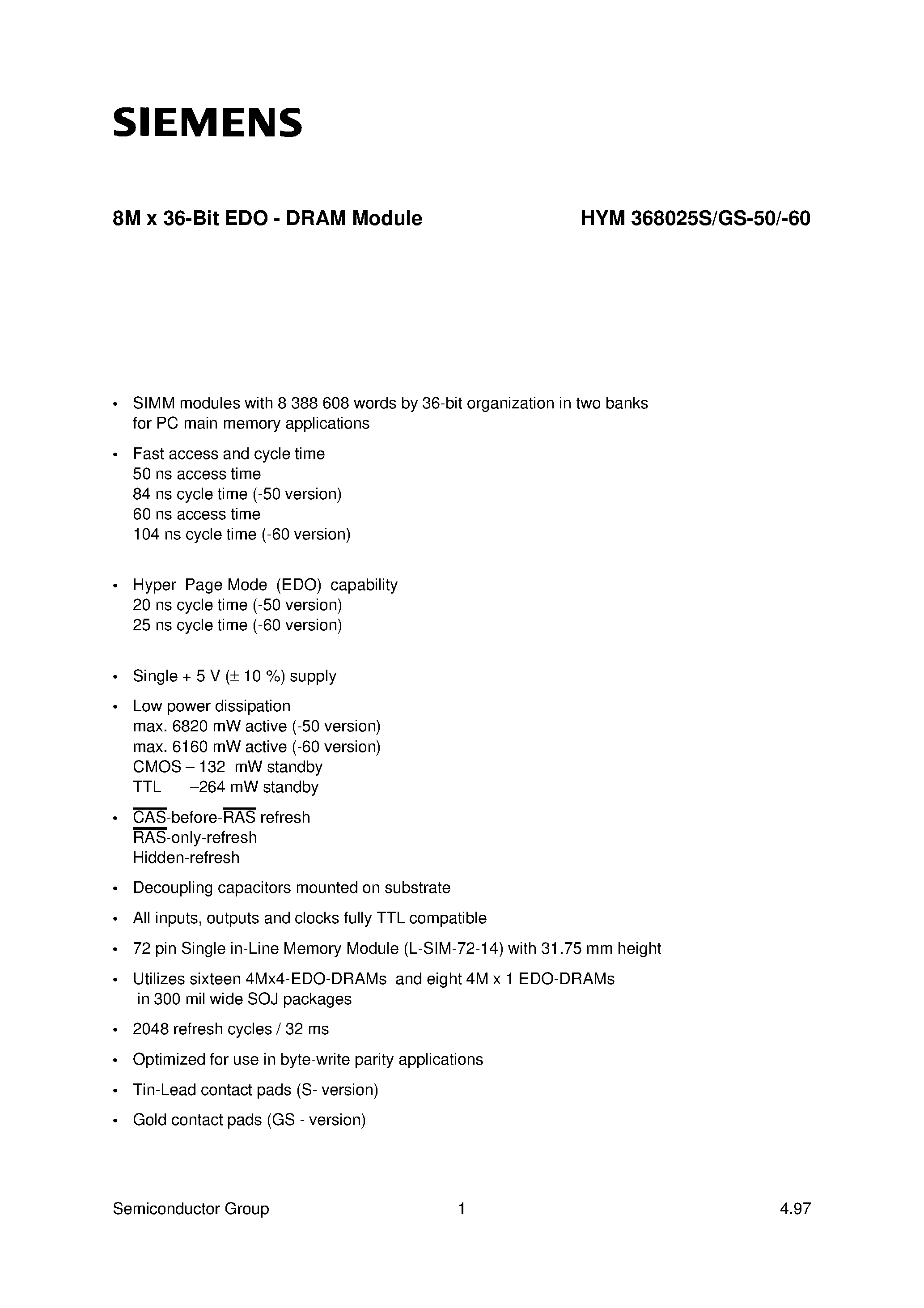 Даташит HYM368025GS-50 - 8M x 36-Bit EDO - DRAM Module страница 1