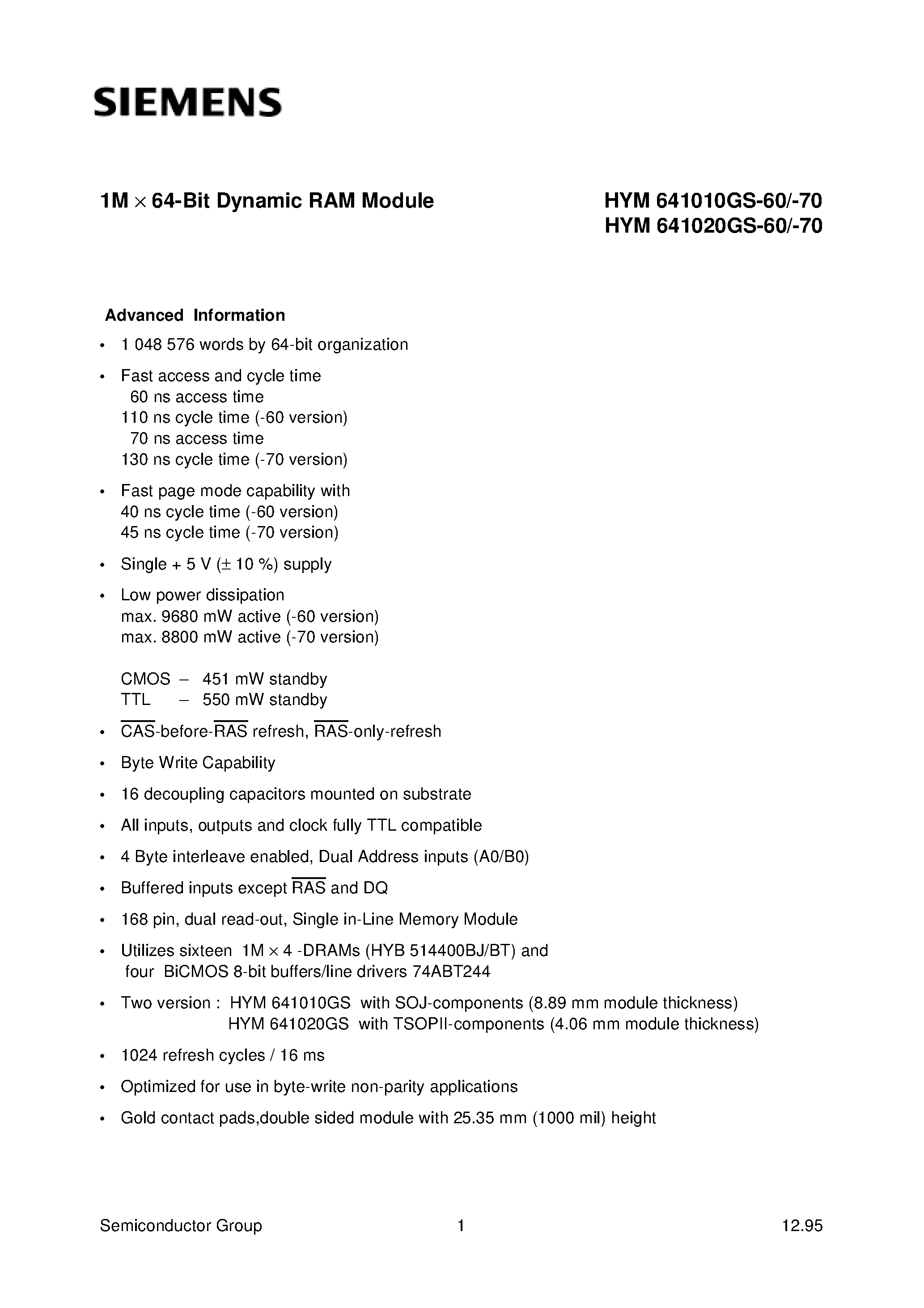 Даташит на микросхему HYM641010GS-60 страница 1 Даташит HYM641010GS-60 - 1M x 64-Bit Dynamic RAM Module страница 1