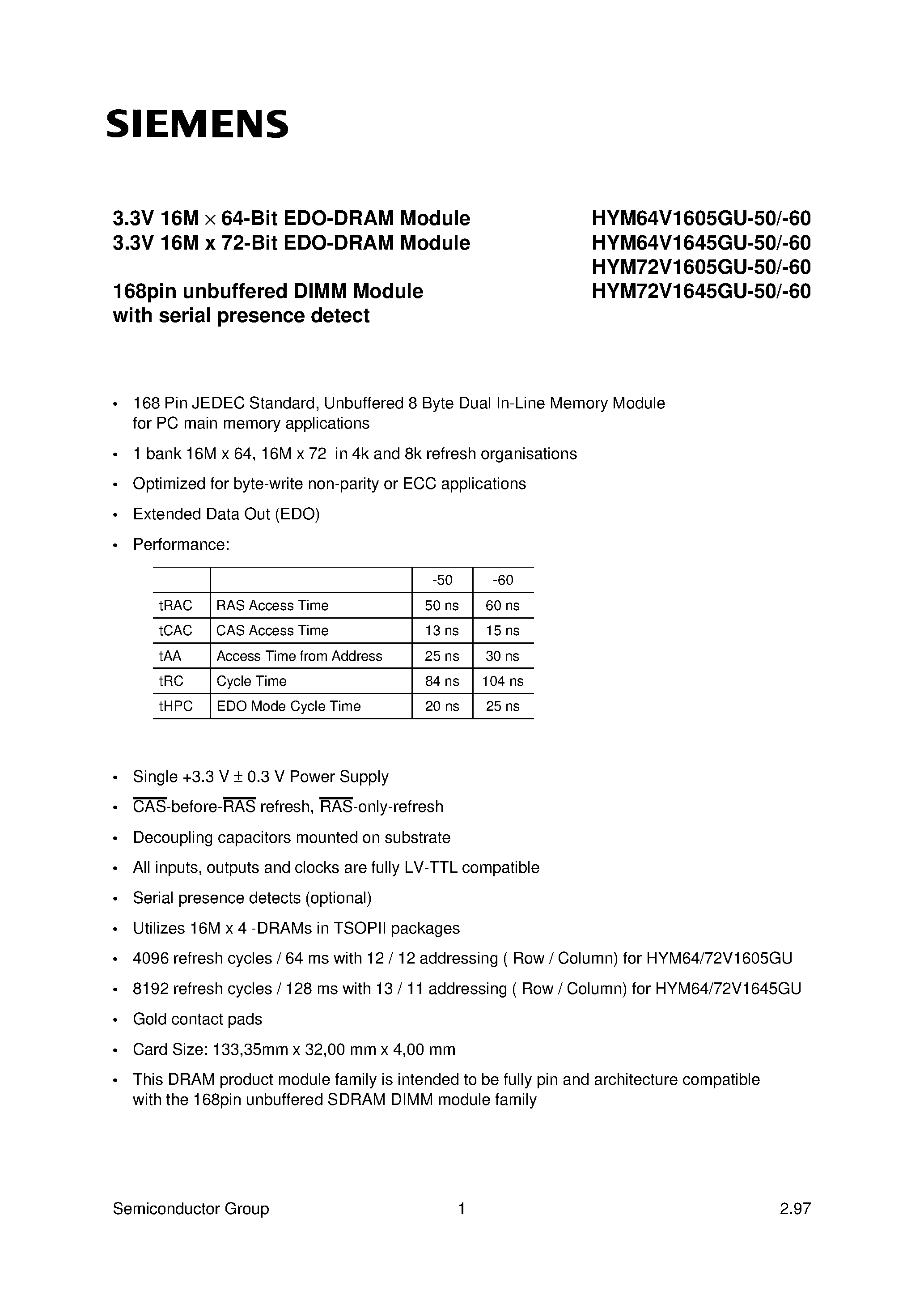 Datasheet HYM64V1605GU-50 - 3.3V 16M x 64-Bit EDO-DRAM Module 3.3V 16M x 72-Bit EDO-DRAM Module page 1