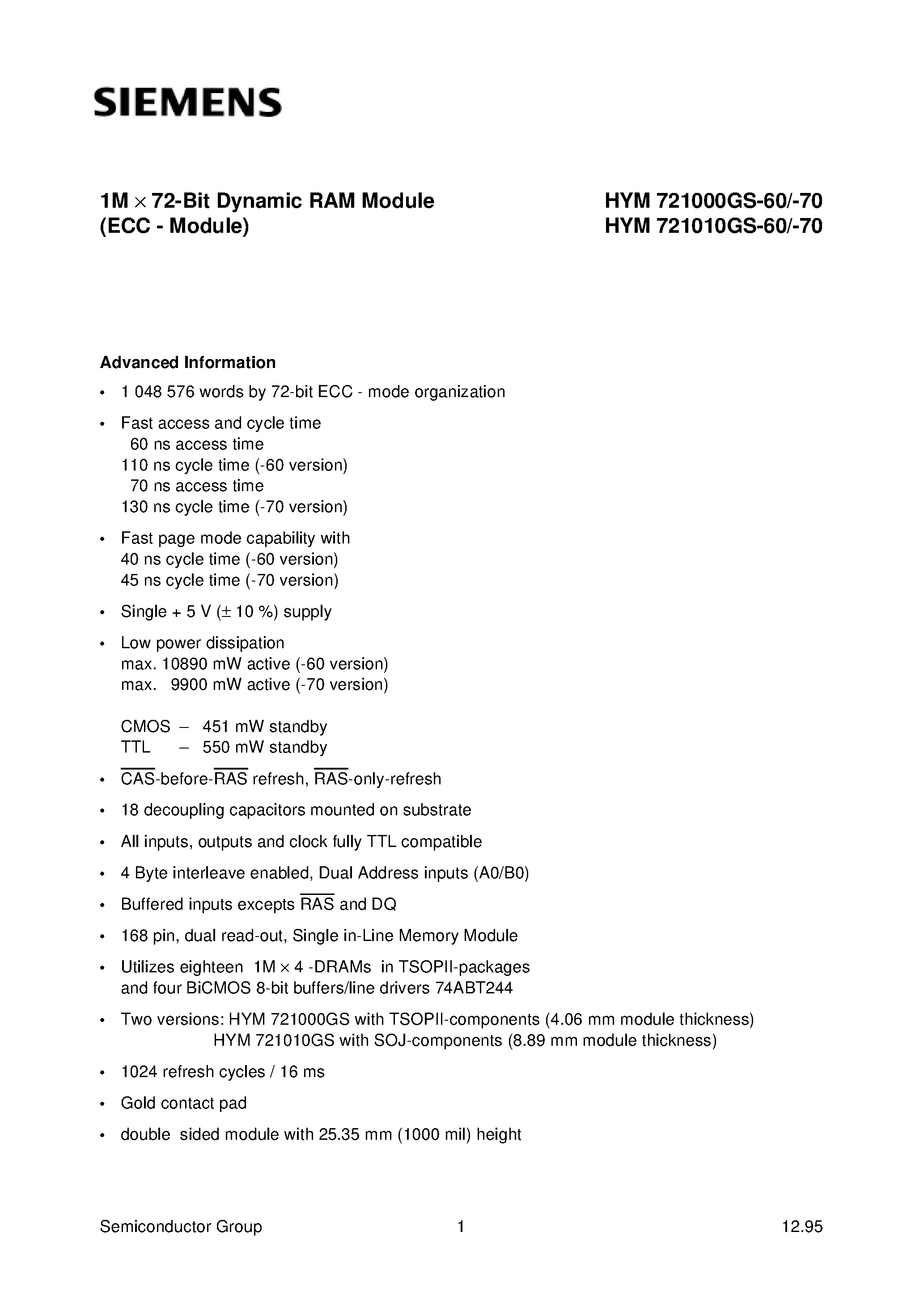 Даташит на микросхему HYM721010GS-70 страница 1 Даташит HYM721010GS-70 - 1M x 72-Bit Dynamic RAM Module страница 1