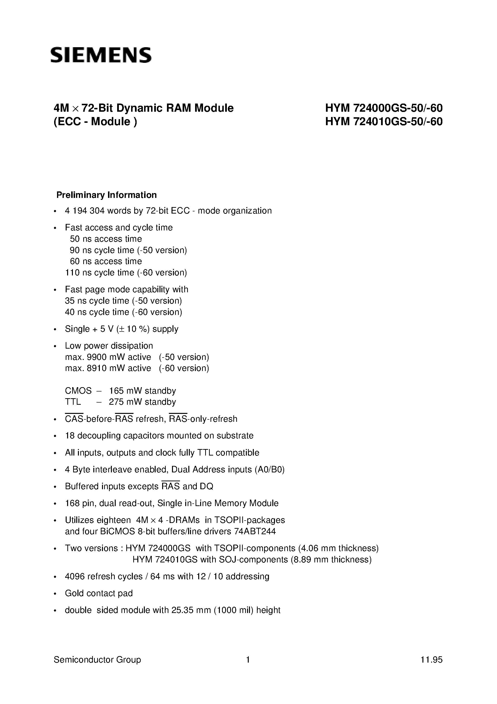 Даташит на микросхему HYM724010GS-50 страница 1 Даташит HYM724010GS-50 - 4M x 72-Bit Dynamic RAM Module страница 1