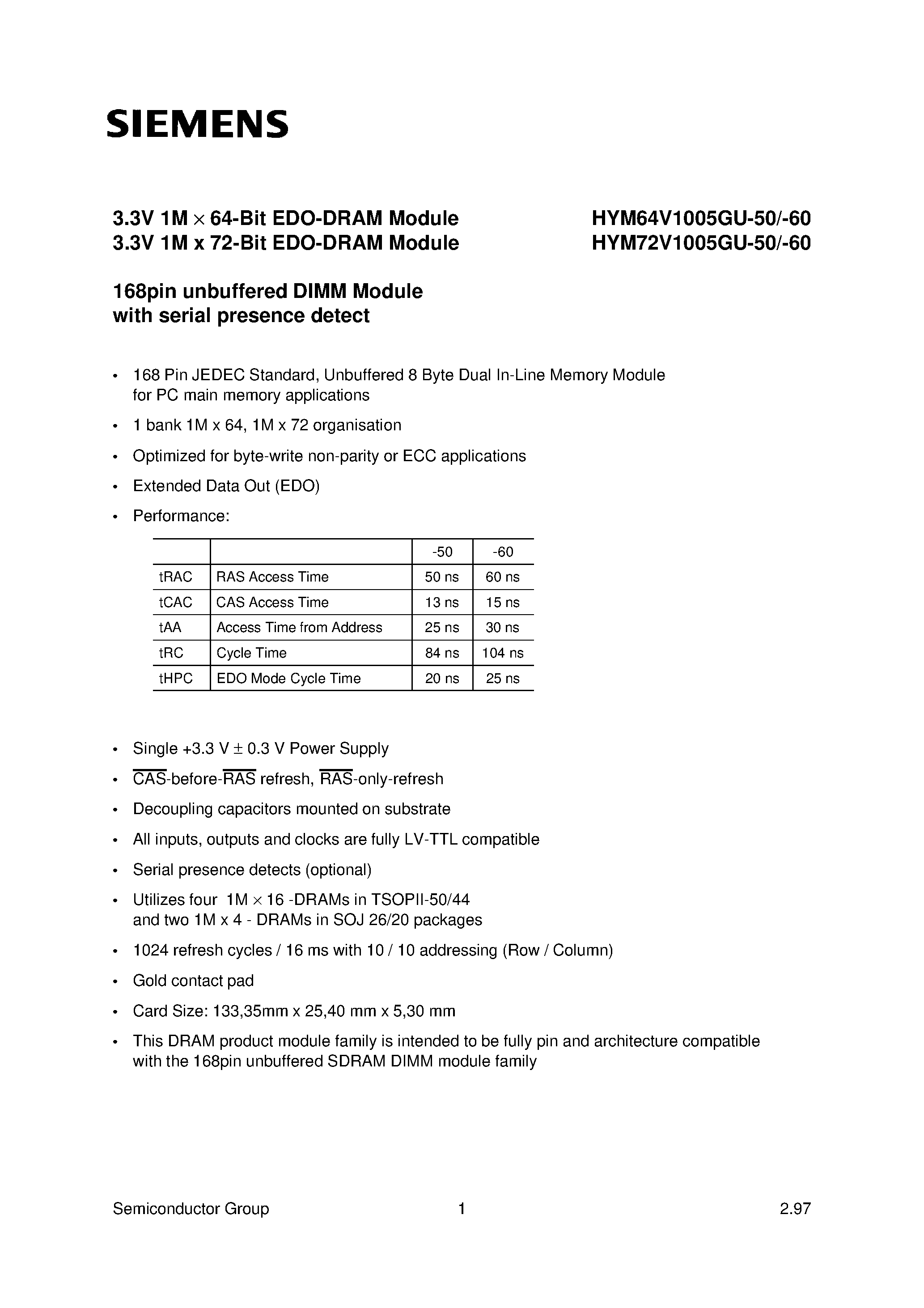 Datasheet HYM72V1005GU-50 - 3.3V 1M x 64-Bit EDO-DRAM Module 3.3V 1M x 72-Bit EDO-DRAM Module page 1