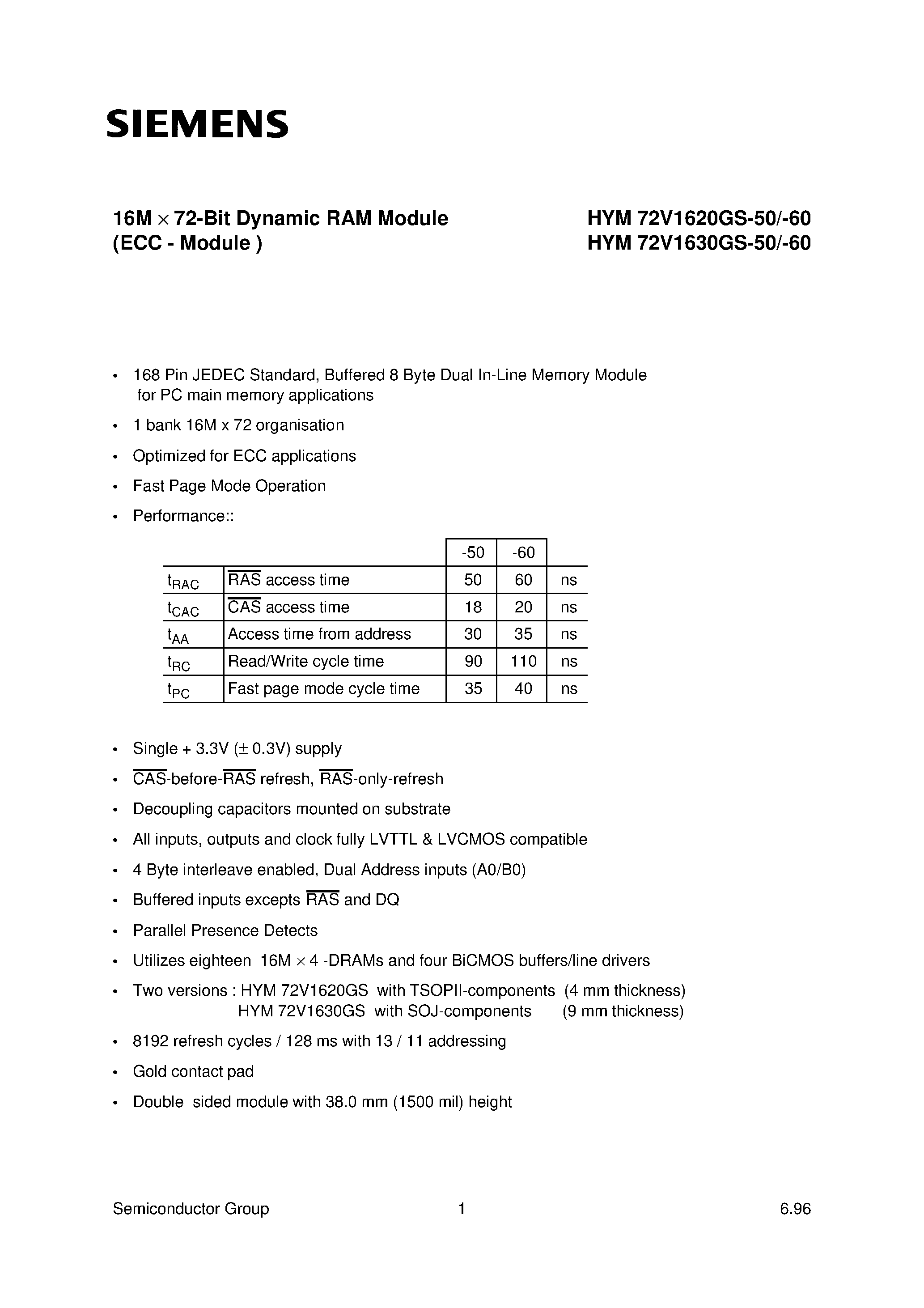 Даташит на микросхему HYM72V1620GS-60 страница 1 Даташит HYM72V1620GS-60 - 16M x 72-Bit Dynamic RAM Module страница 1