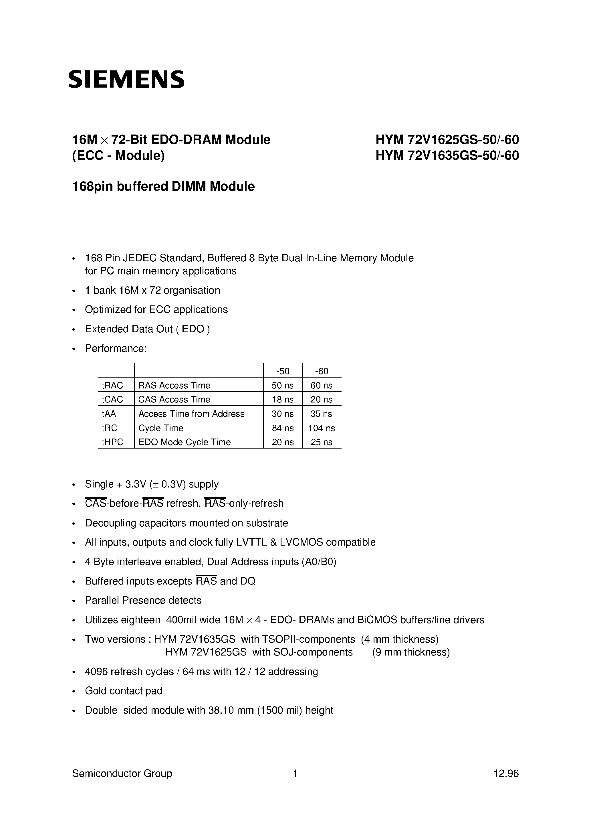 Даташит на микросхему HYM72V1635GS-60 страница 1 Даташит HYM72V1635GS-60 - 16M x 72-Bit EDO-DRAM Module страница 1
