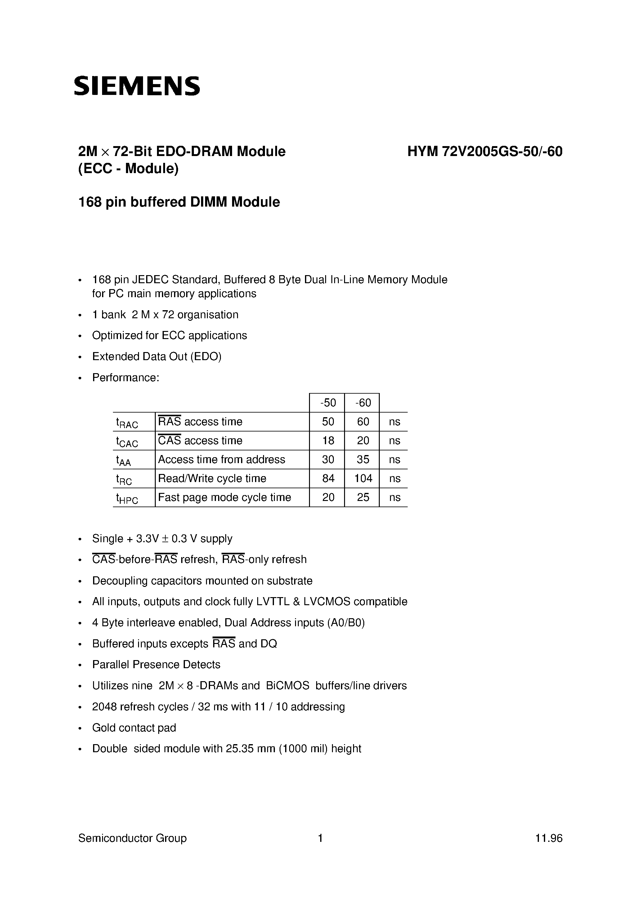 Даташит HYM72V2005GS-50- - 2M x 72-Bit EDO-DRAM Module страница 1