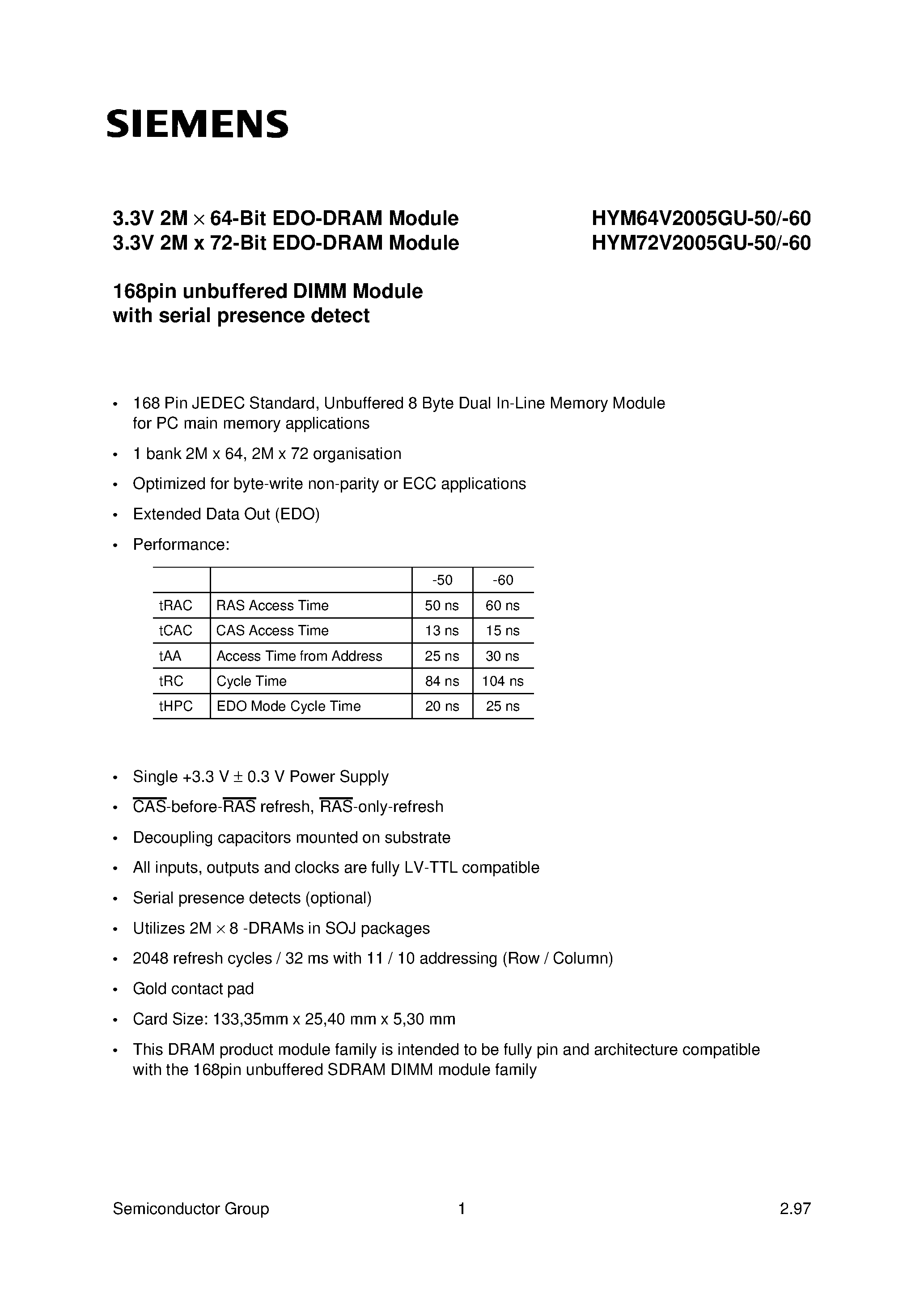 Datasheet HYM72V2005GU-60 - 3.3V 2M x 64-Bit EDO-DRAM Module 3.3V 2M x 72-Bit EDO-DRAM Module page 1
