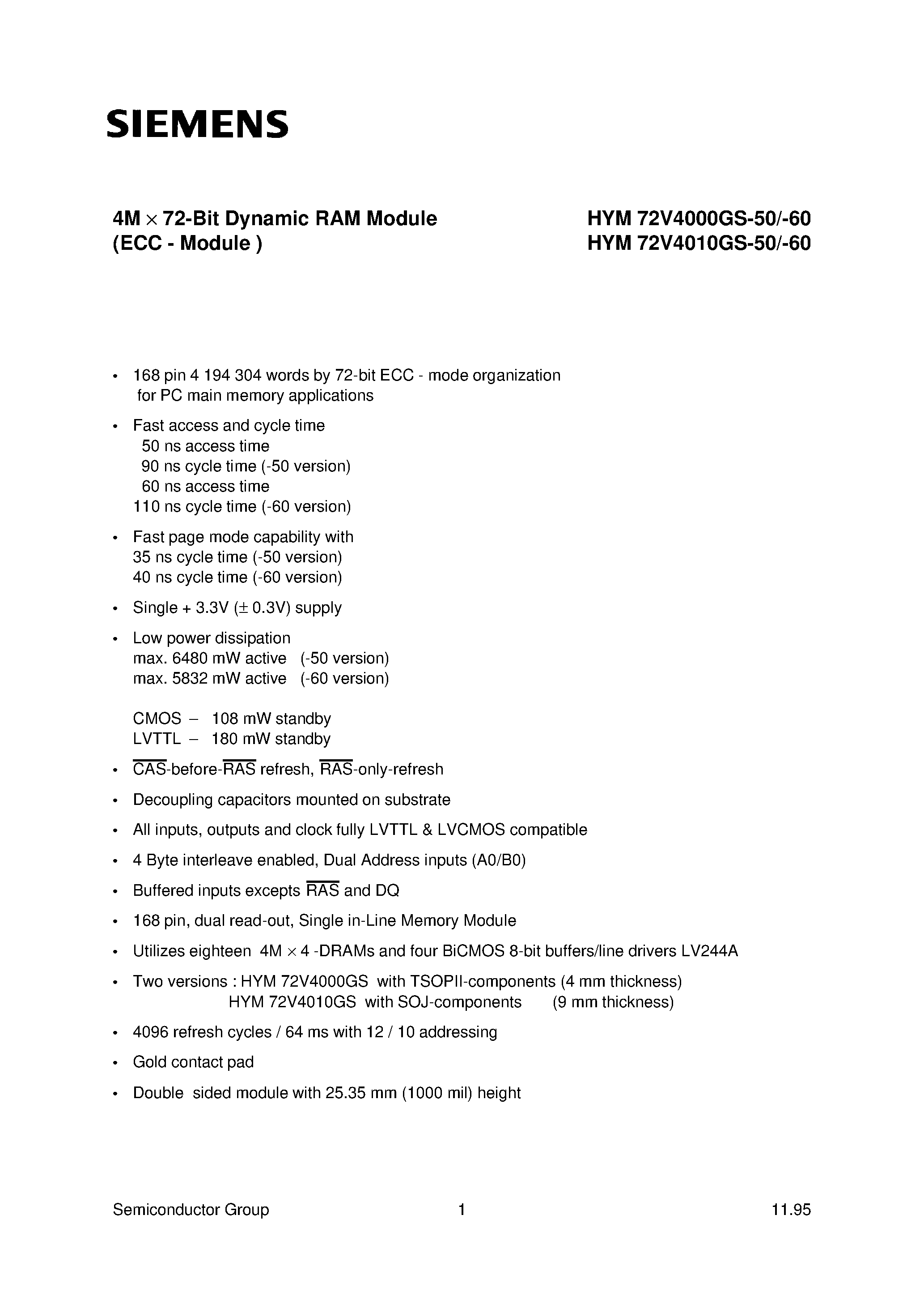 Даташит HYM72V4000GS-60 - 4M x 72-Bit Dynamic RAM Module страница 1