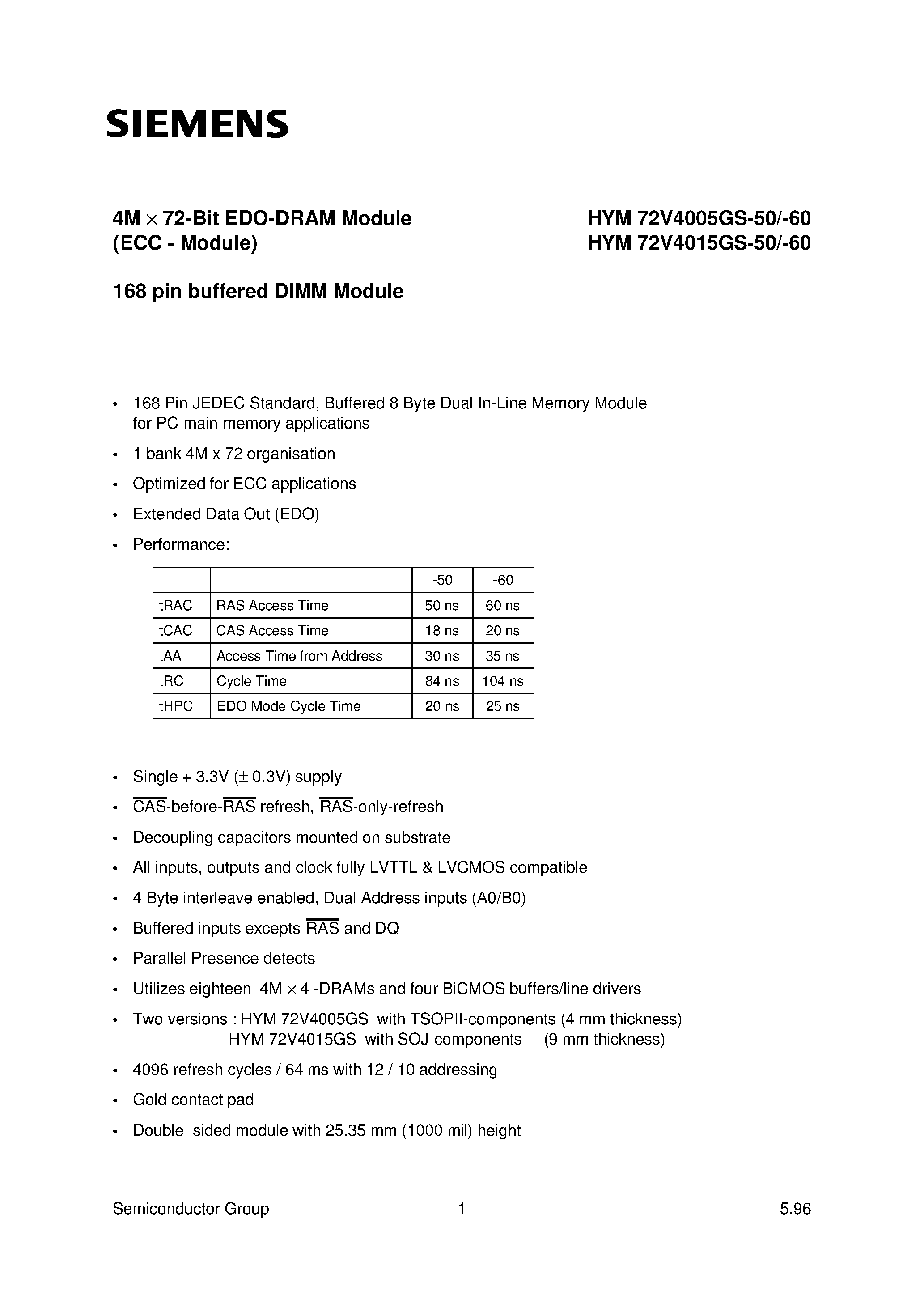 Даташит на микросхему HYM72V4005GS-50- страница 1 Даташит HYM72V4005GS-50- - 4M x 72-Bit EDO-DRAM Module страница 1