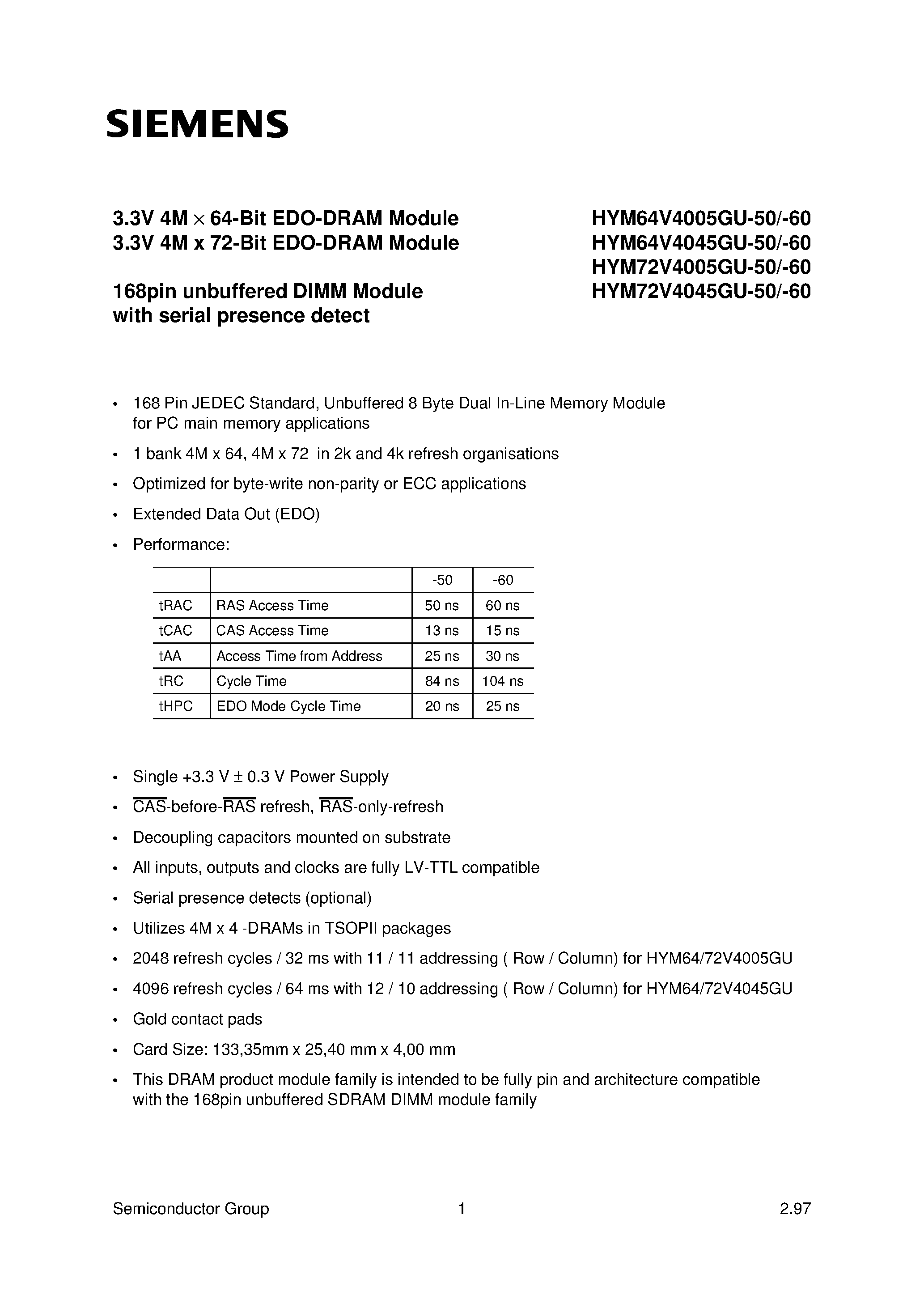 Datasheet HYM72V4005GU-60 - 3.3V 4M x 64-Bit EDO-DRAM Module 3.3V 4M x 72-Bit EDO-DRAM Module page 1
