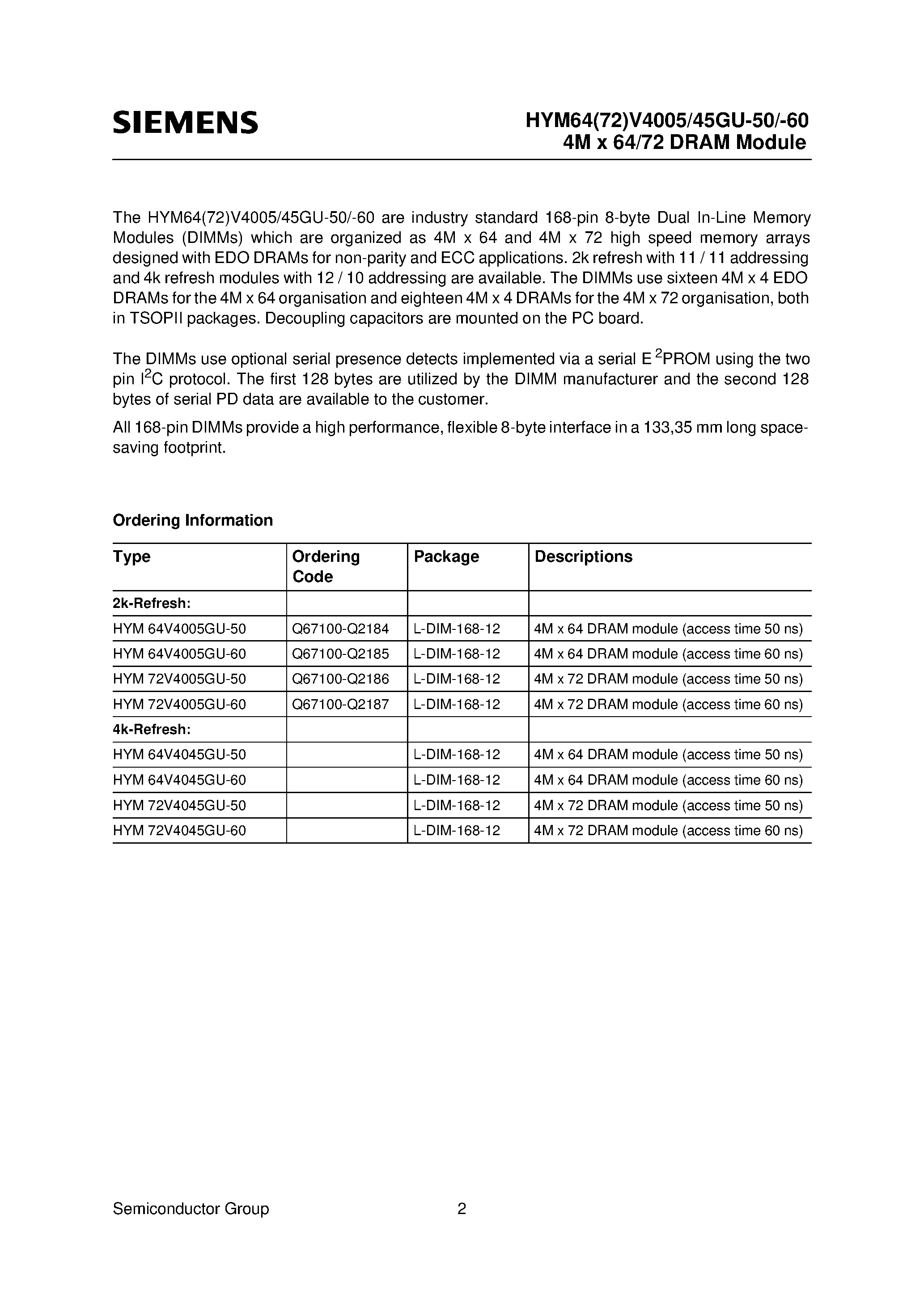Datasheet HYM72V4005GU-60 - 3.3V 4M x 64-Bit EDO-DRAM Module 3.3V 4M x 72-Bit EDO-DRAM Module page 2