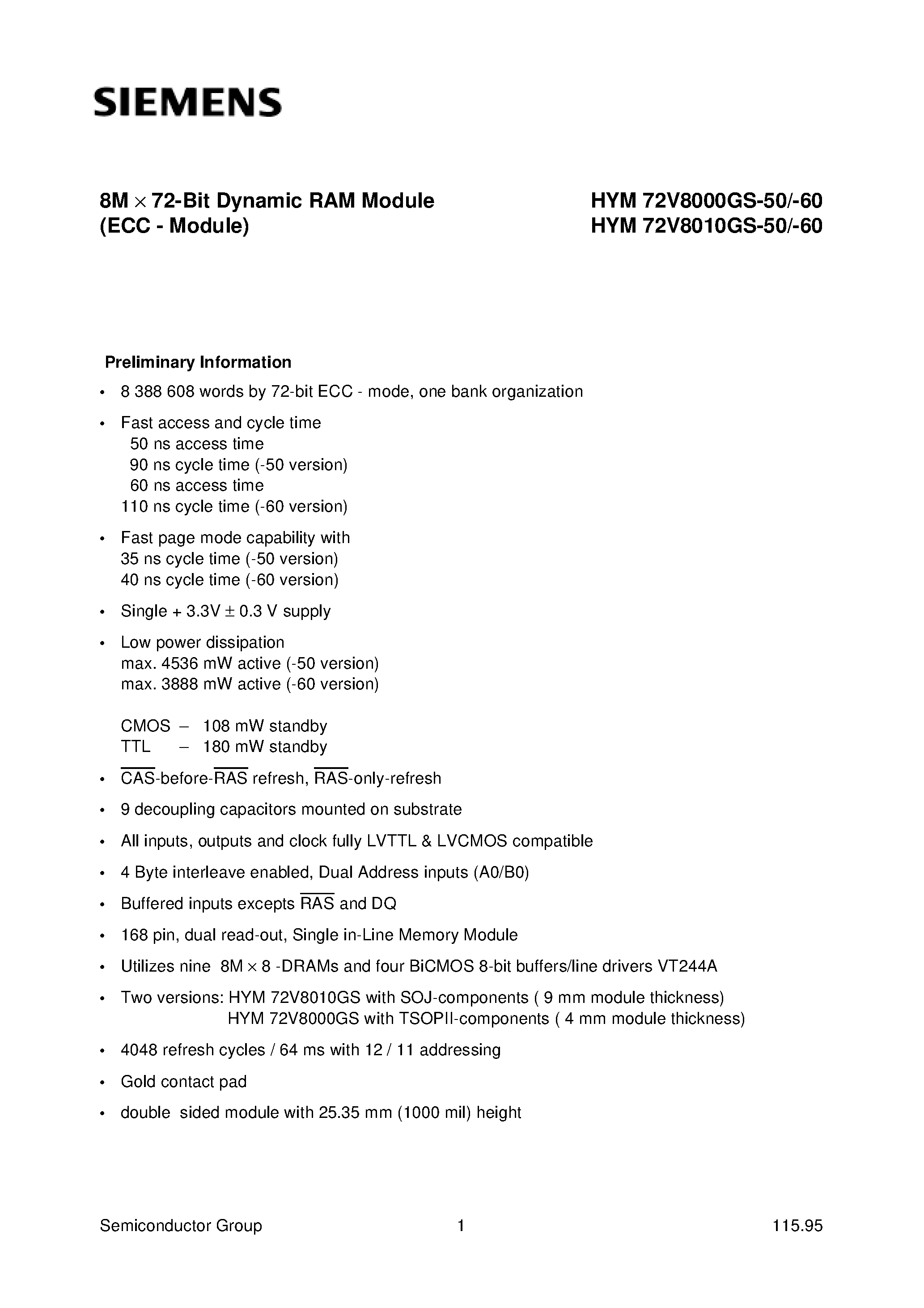 Даташит на микросхему HYM72V8010GS-60 страница 1 Даташит HYM72V8010GS-60 - 8M x 72-Bit Dynamic RAM Module страница 1