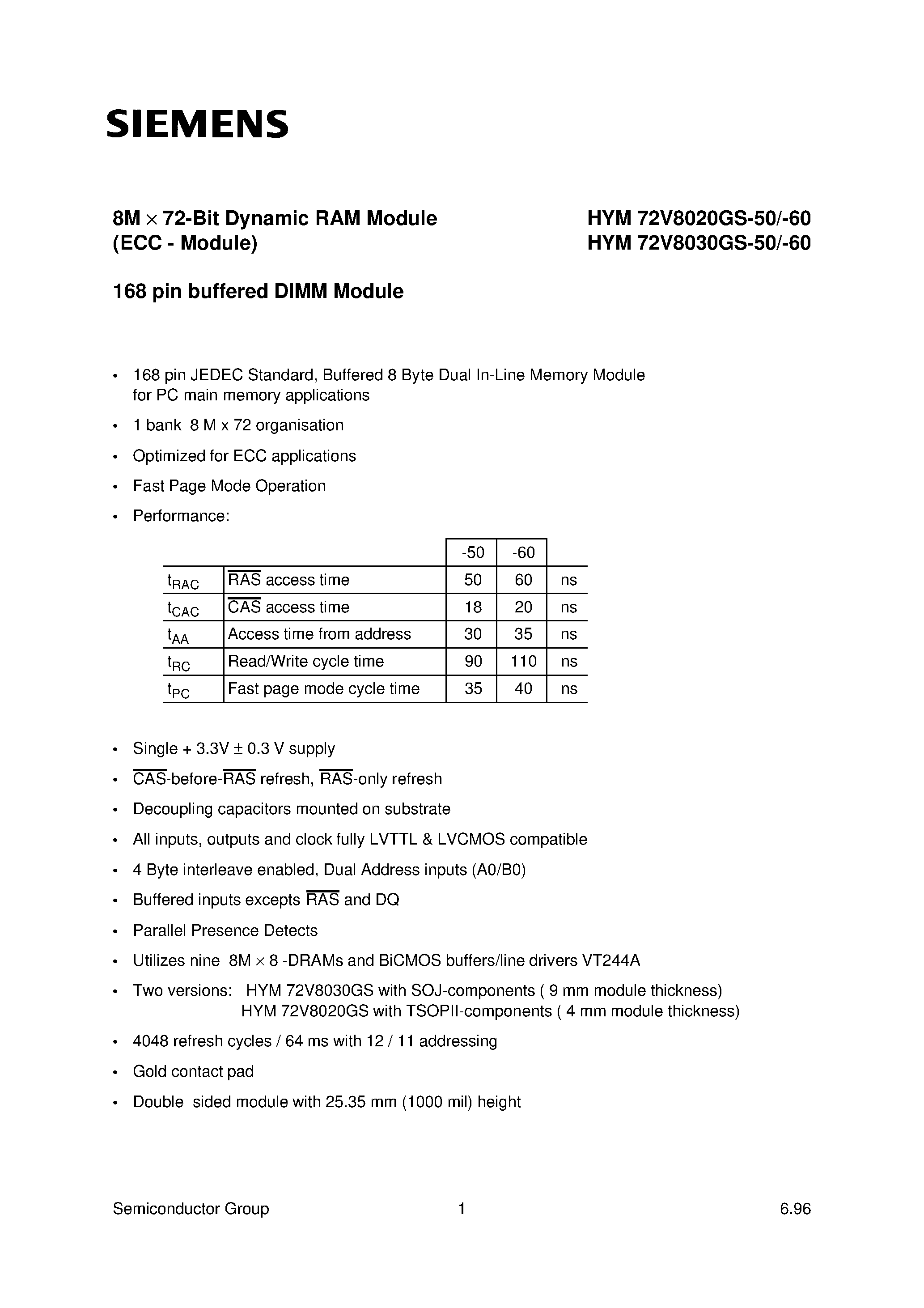 Даташит HYM72V8020GS-50 - 8M x 72-Bit Dynamic RAM Module страница 1