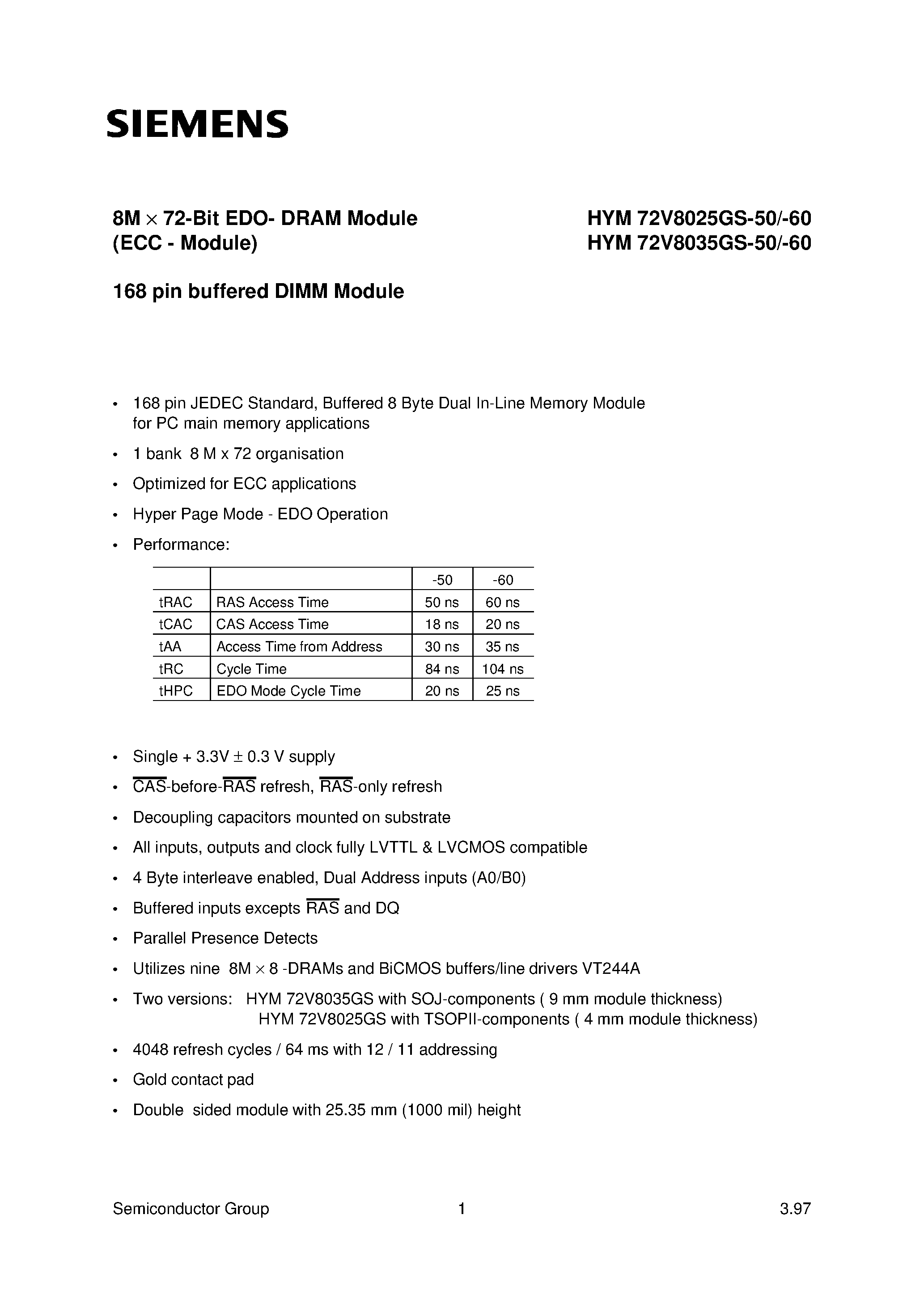 Даташит на микросхему HYM72V8035GS-50 страница 1 Даташит HYM72V8035GS-50 - 8M x 72-Bit EDO- DRAM Module страница 1