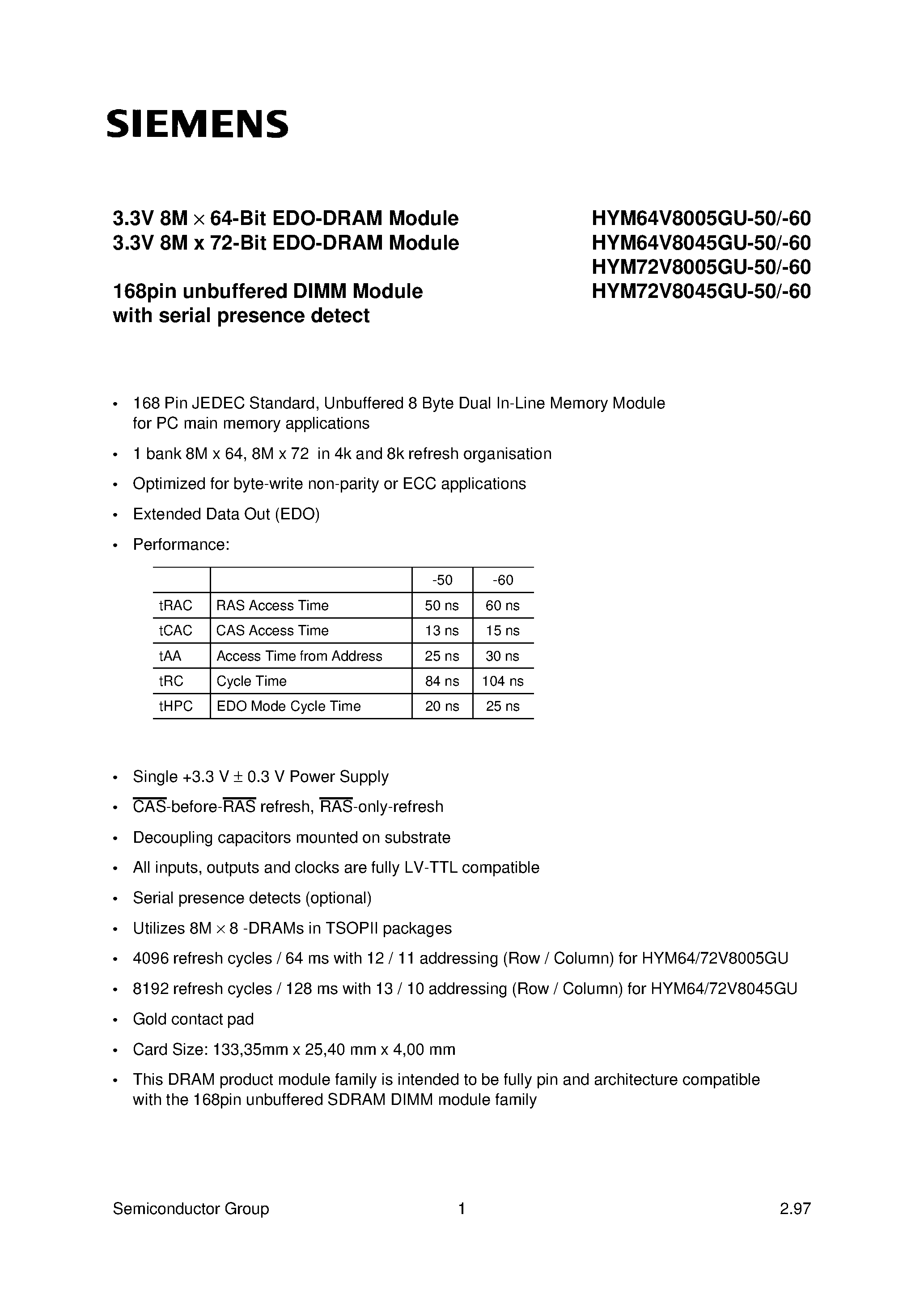 Datasheet HYM72V8045GU-50 - 3.3V 8M x 64-Bit EDO-DRAM Module 3.3V 8M x 72-Bit EDO-DRAM Module page 1