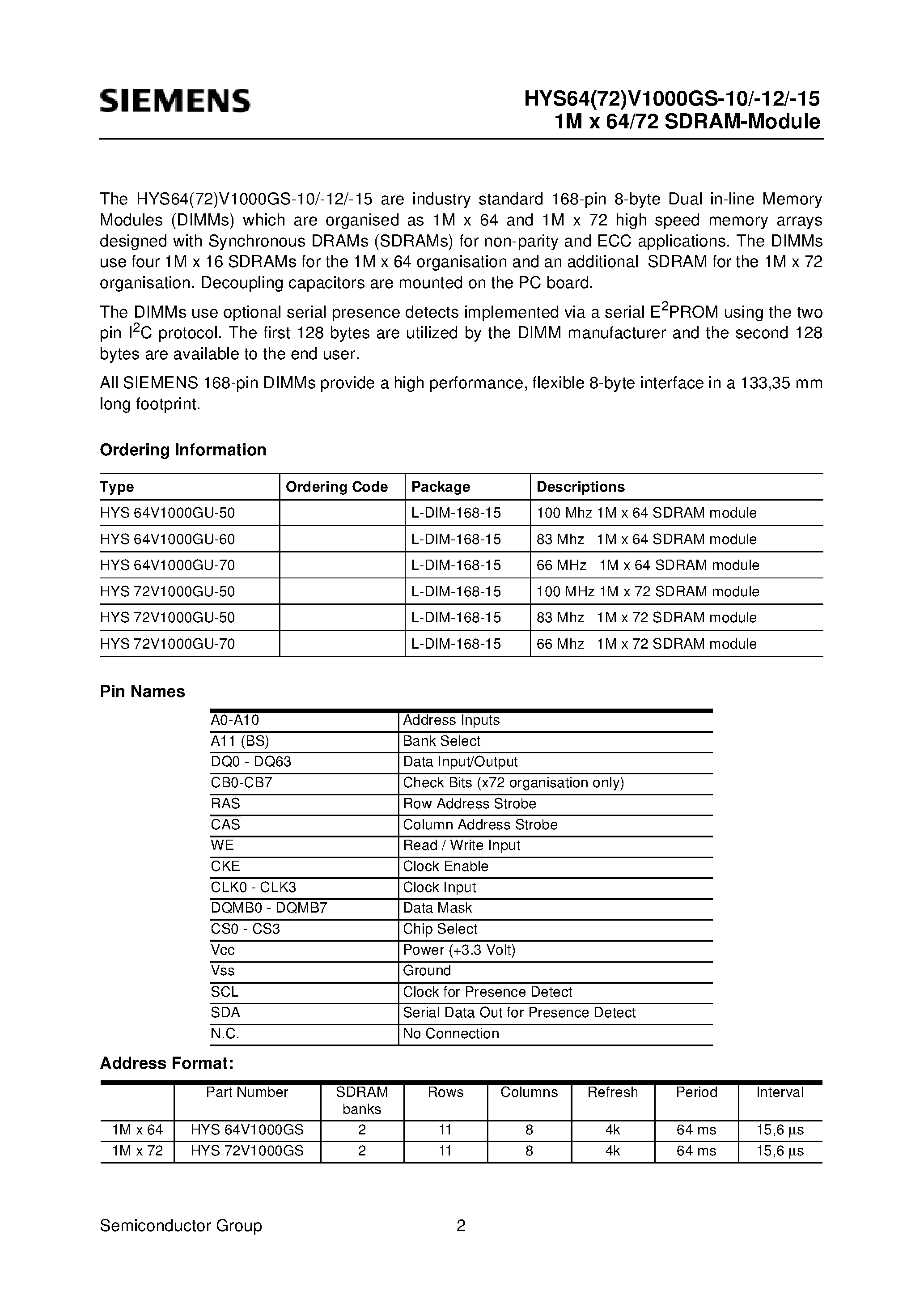 Datasheet HYS64V1000GU-50 - 3.3V 1M x 64-Bit SDRAM Module 3.3V 1M x 72-Bit SDRAM Module page 2