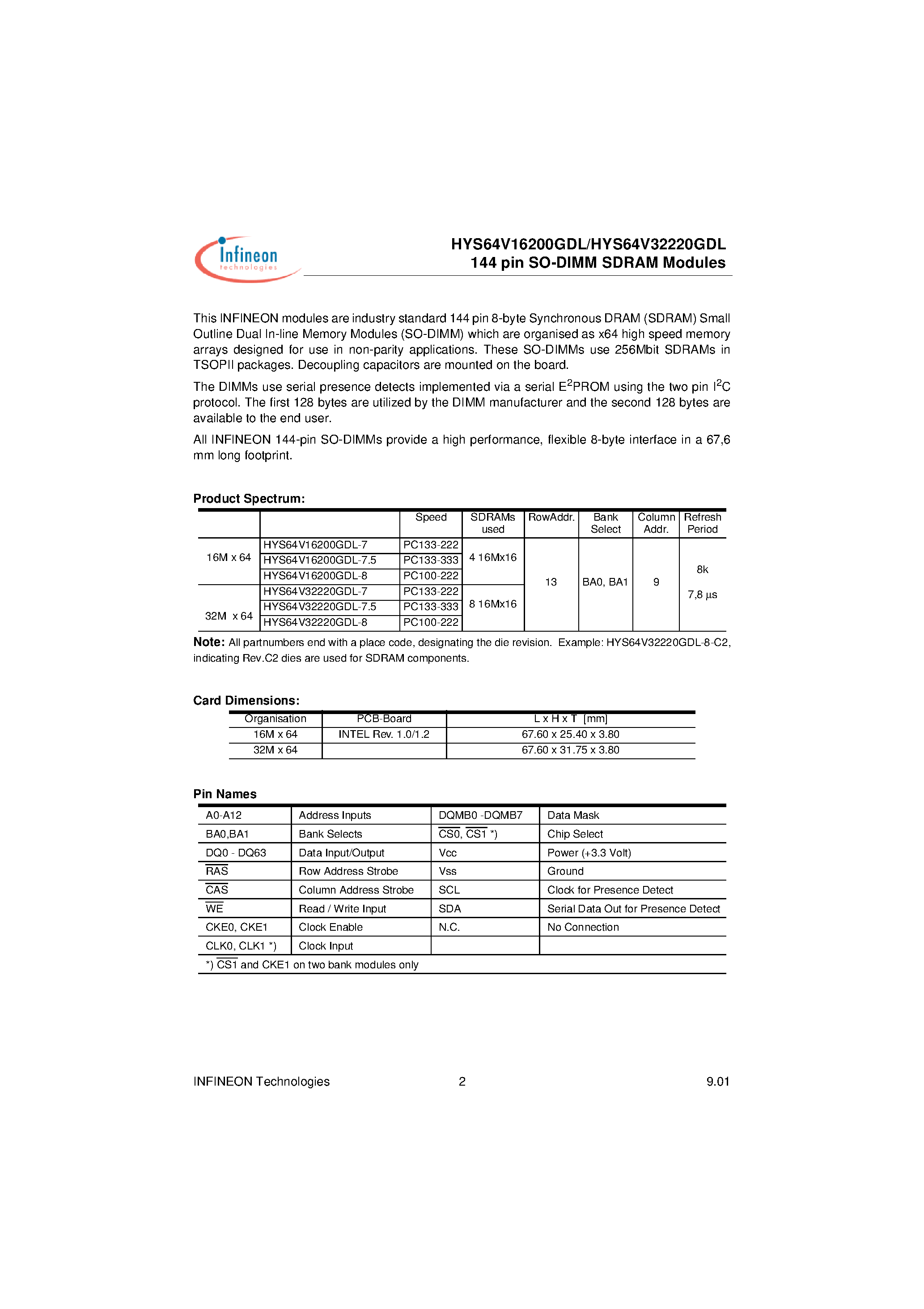 Datasheet HYS64V16200GDL-7 - 144 pin SO-DIMM SDRAM Modules page 2