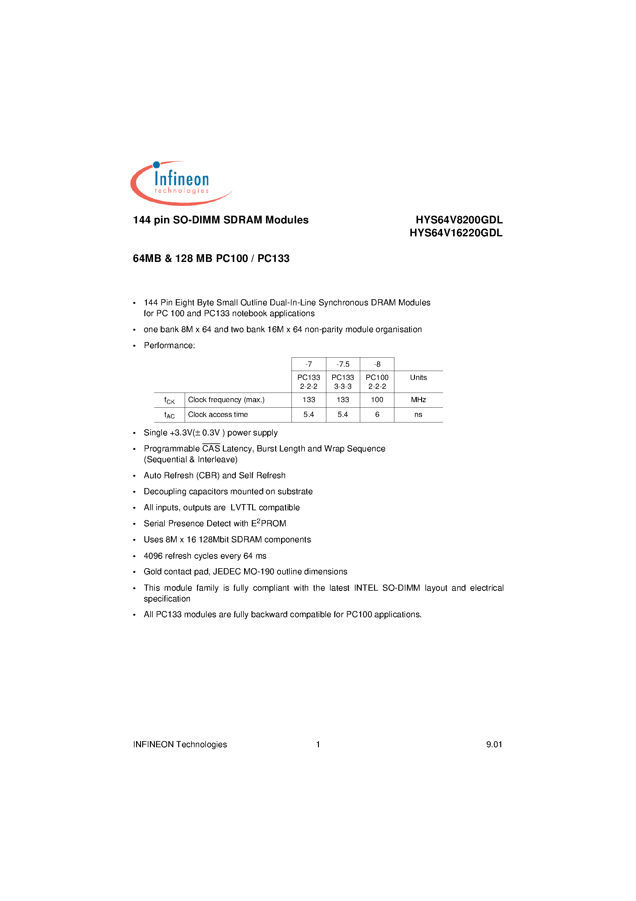 Datasheet HYS64V16220GDL-7 - 144 pin SO-DIMM SDRAM Modules page 1