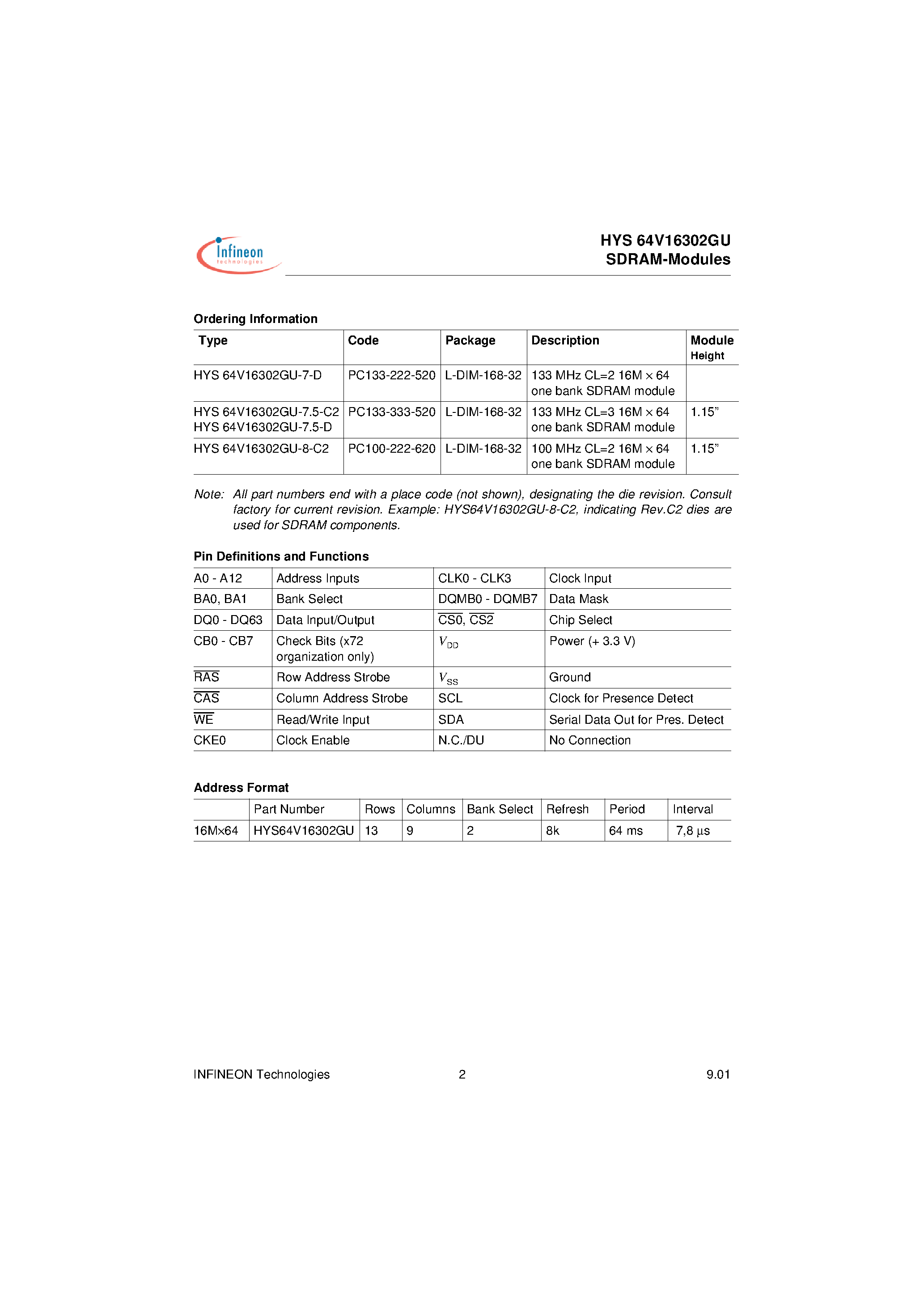Datasheet HYS64V16302GU - 3.3 V 16M 64-Bit/ 128MByte SDRAM Module 168-pin Unbuffered DIMM Modules page 2
