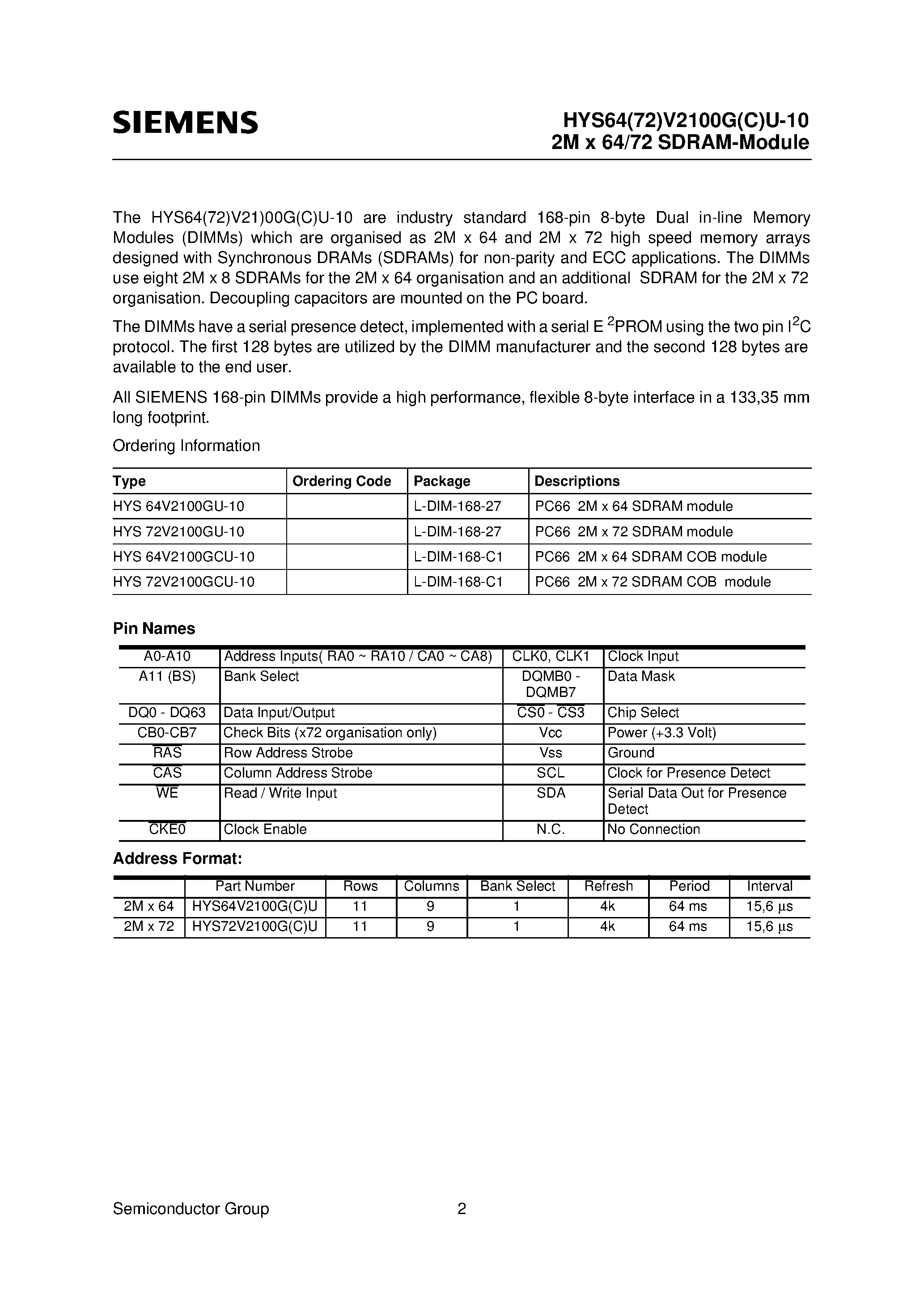 Datasheet HYS64V2100GCU-10 - 3.3V 2M x 64-Bit SDRAM Module 3.3V 2M x 72-Bit SDRAM Module page 2