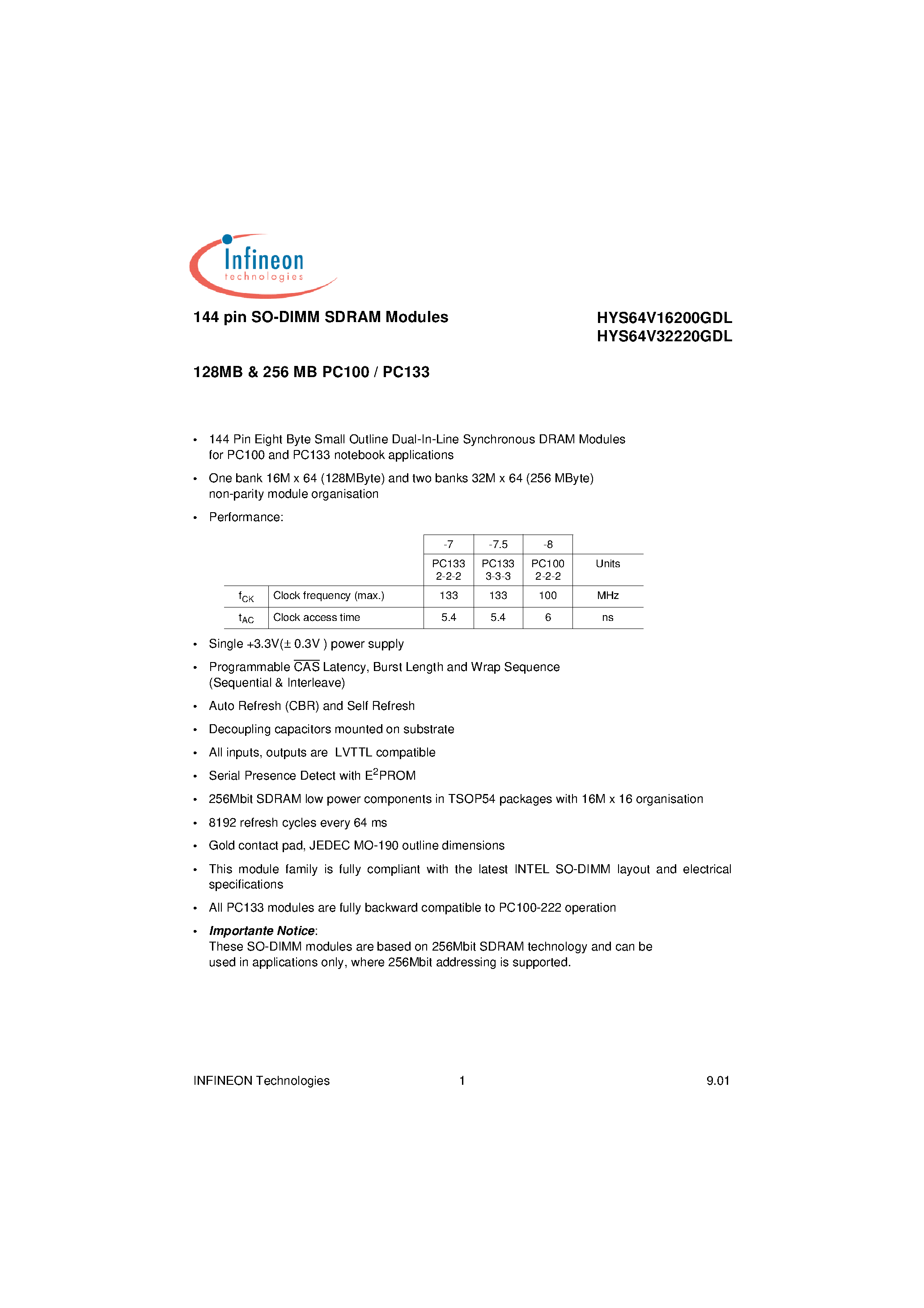 Datasheet HYS64V32220GDL-7 - 144 pin SO-DIMM SDRAM Modules page 1