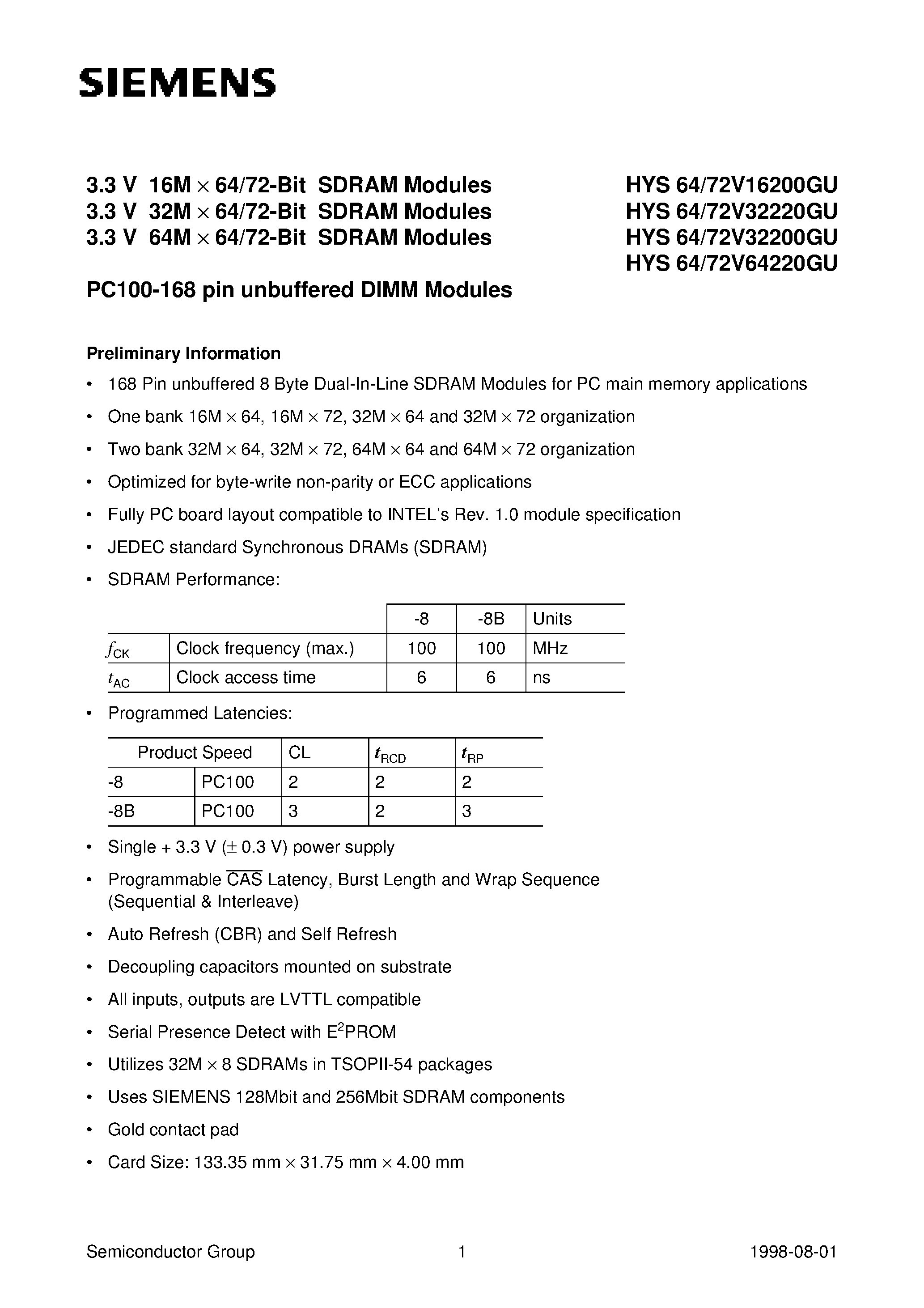 Datasheet HYS64V32220GU-8 - 3.3 V 16M x 64/72-Bit SDRAM Modules 3.3 V 32M x 64/72-Bit SDRAM Modules 3.3 V 64M x 64/72-Bit SDRAM Modules page 1