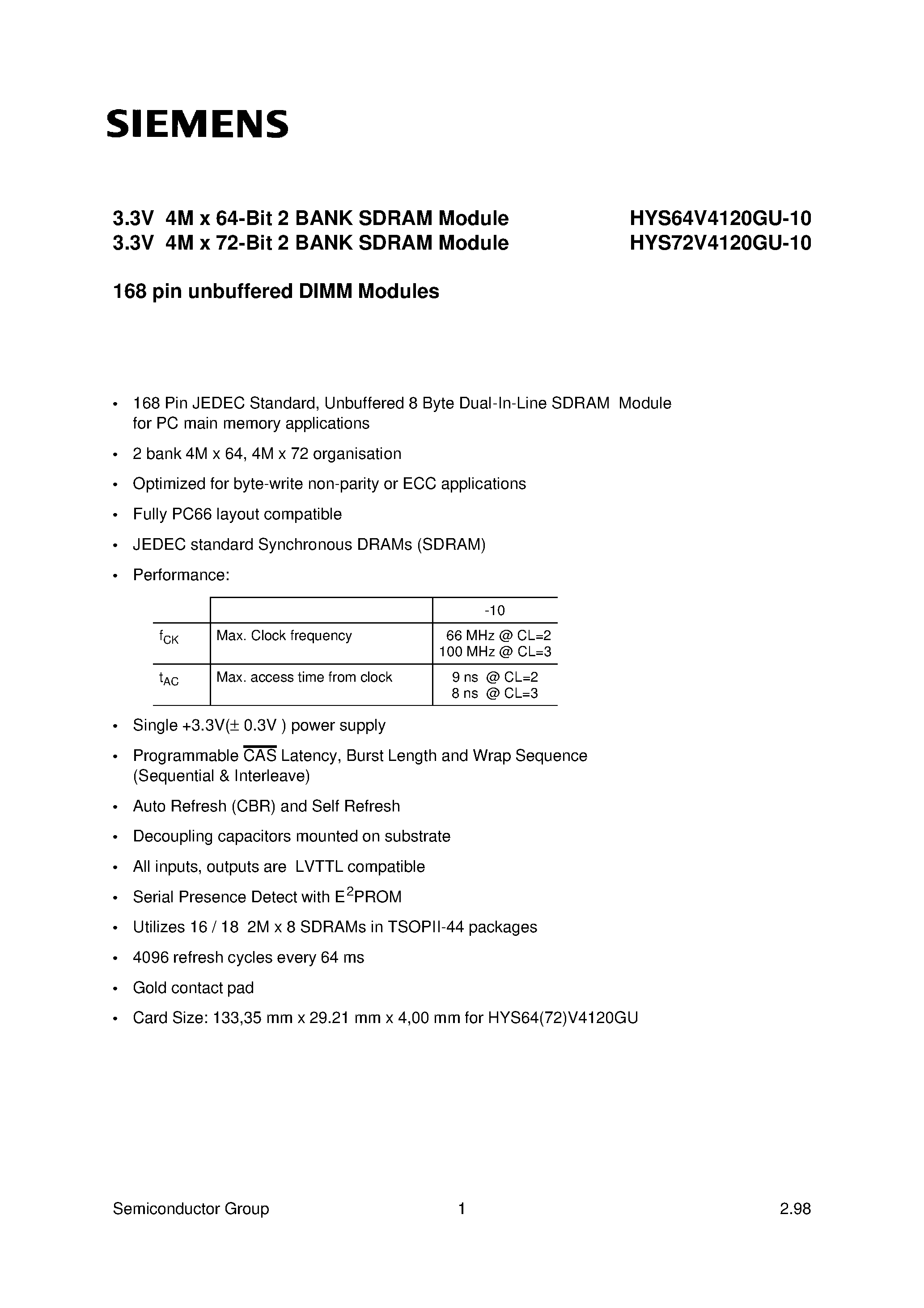 Datasheet HYS64V4120GU - 3.3V 4M x 64-Bit 2 BANK SDRAM Module 3.3V 4M x 72-Bit 2 BANK SDRAM Module page 1
