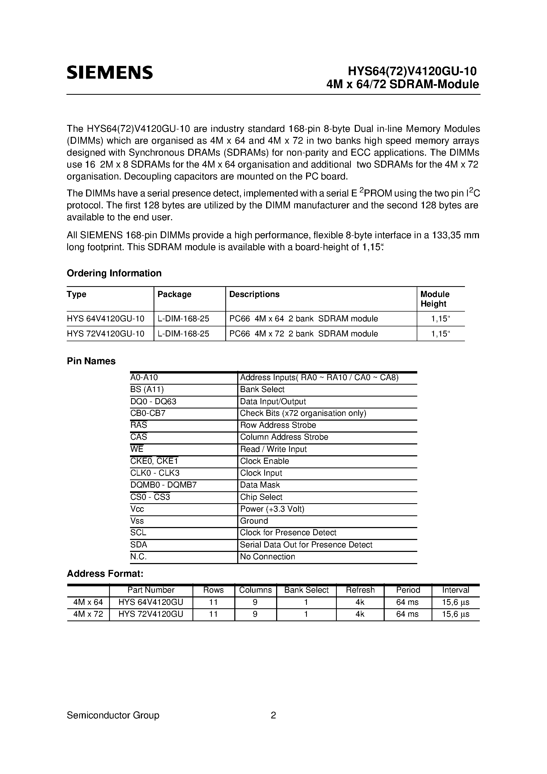 Datasheet HYS64V4120GU - 3.3V 4M x 64-Bit 2 BANK SDRAM Module 3.3V 4M x 72-Bit 2 BANK SDRAM Module page 2