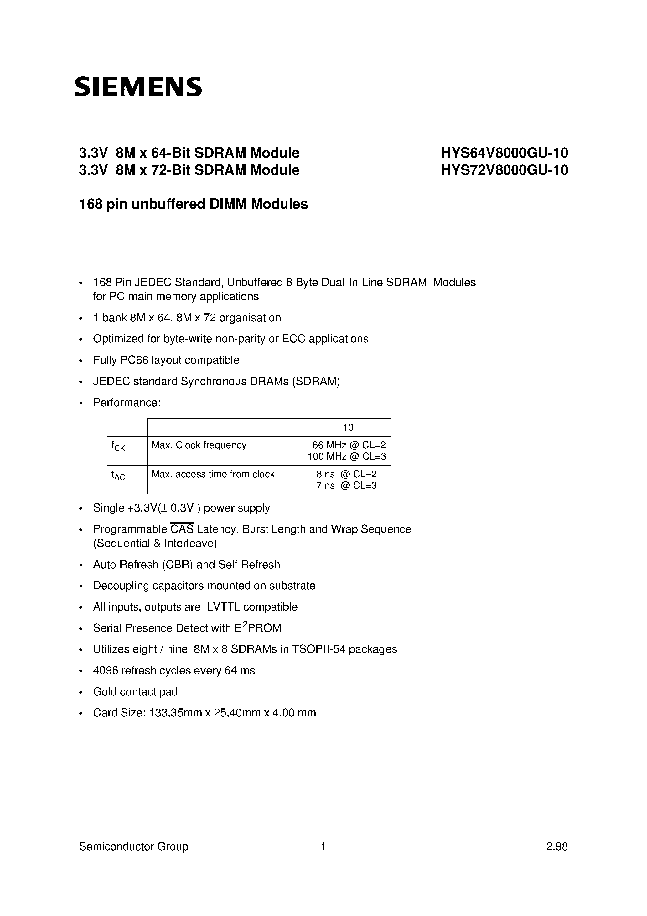 Datasheet HYS64V8000GU-10 - 3.3V 8M x 64-Bit SDRAM Module 3.3V 8M x 72-Bit SDRAM Module page 1